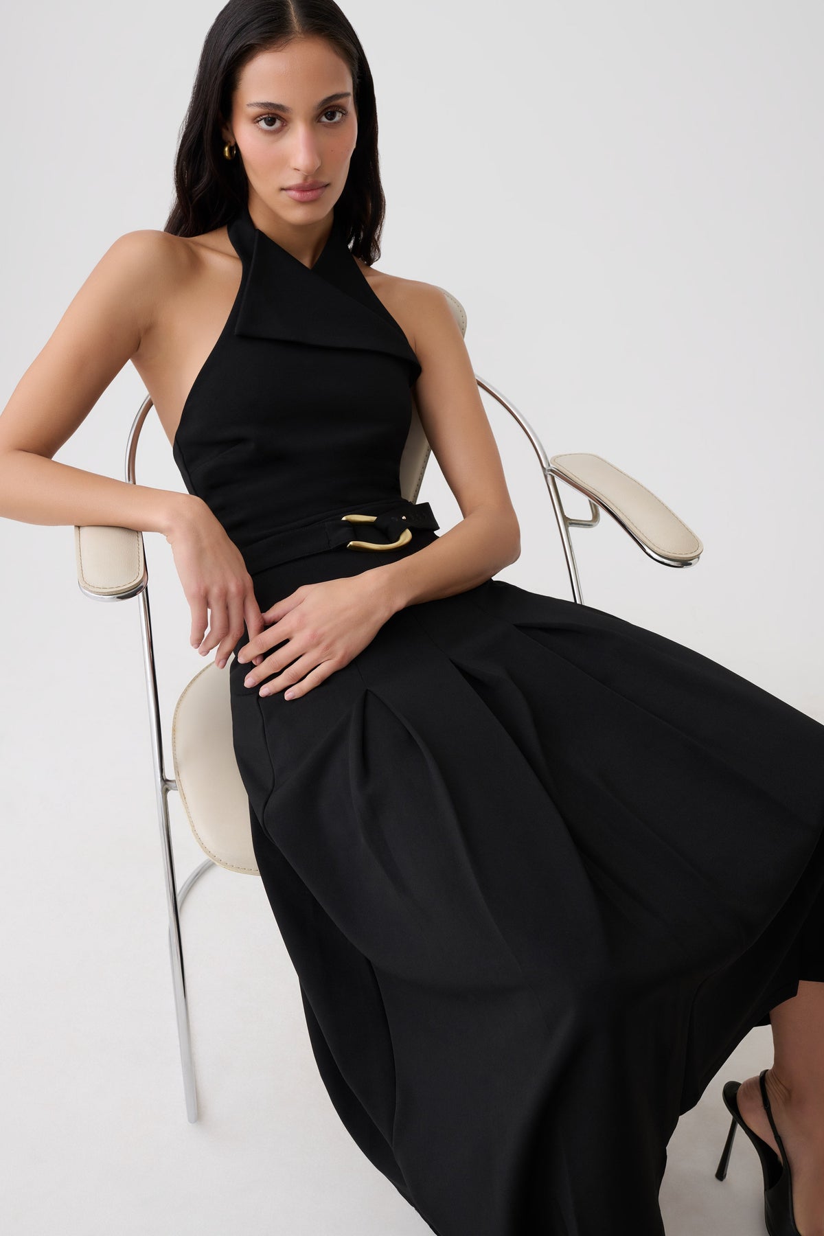 Alecto Crepe Halter Midi Dress With Belt - Black