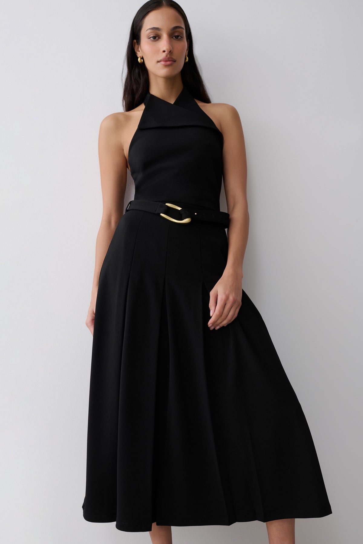 Alecto Crepe Halter Midi Dress With Belt - Black