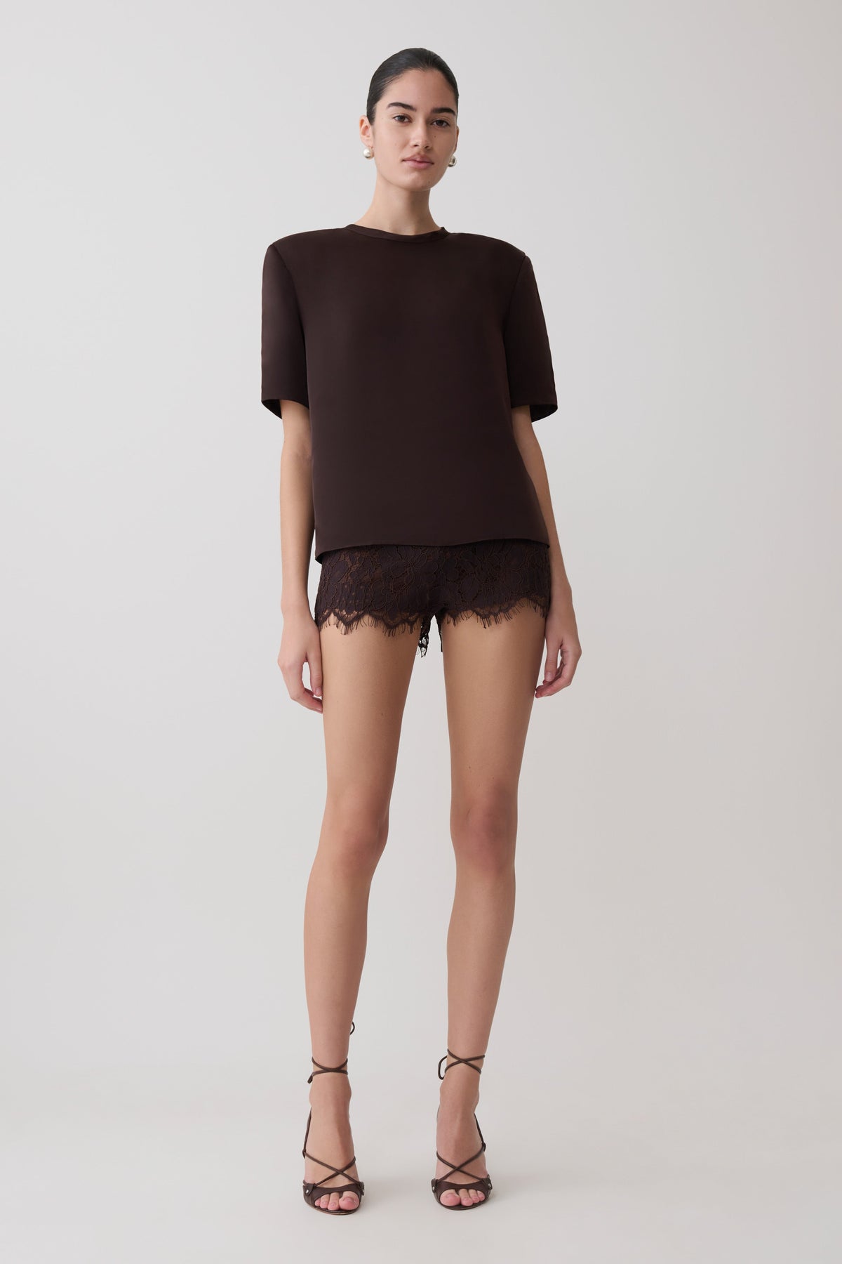 Harlyn Shoulder Pad Short Sleeve Satin Top - Dark Chocolate