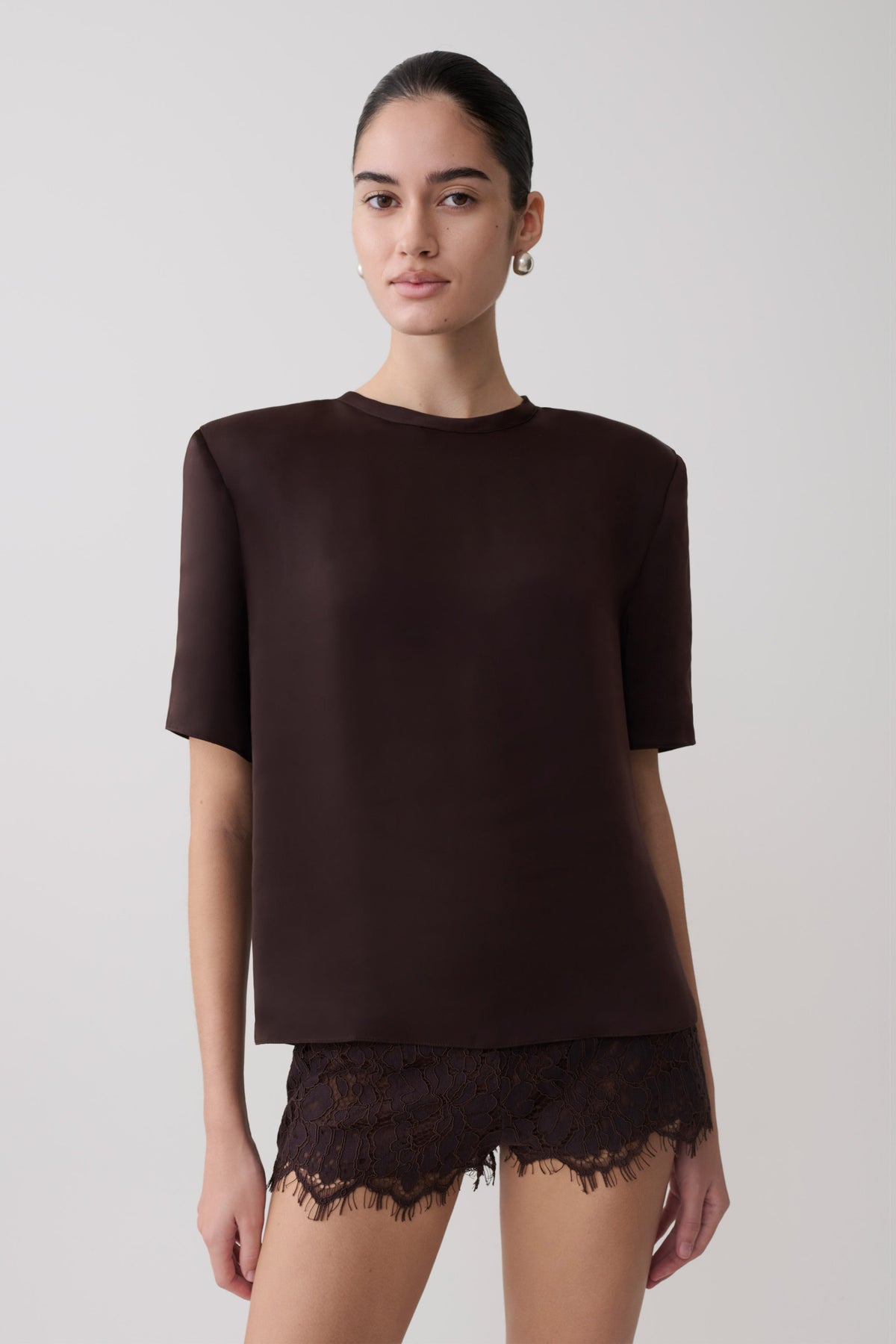 Harlyn Shoulder Pad Short Sleeve Satin Top - Dark Chocolate