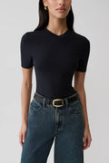 Janelle High V Neck Short Sleeve Top - Black
