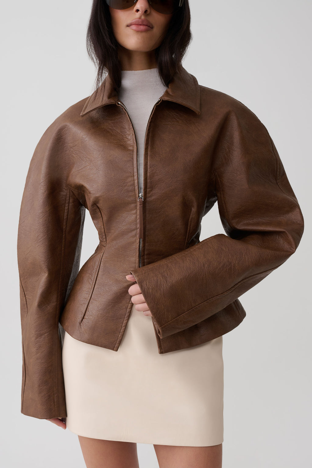 Telma Faux Leather Collared Jacket - Chocolate