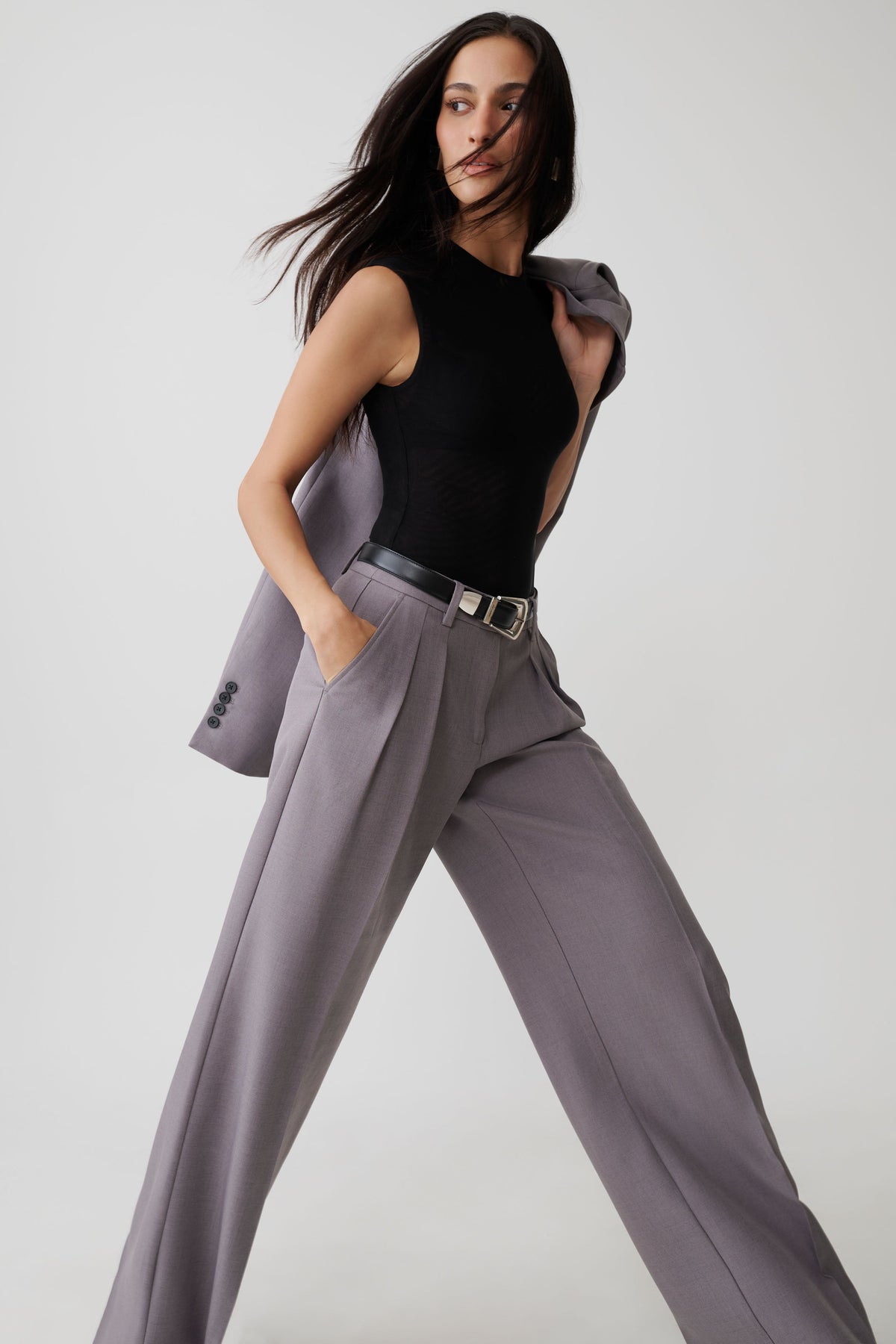 Phoebe Straight Leg Suiting Pants - Light Grey Marle