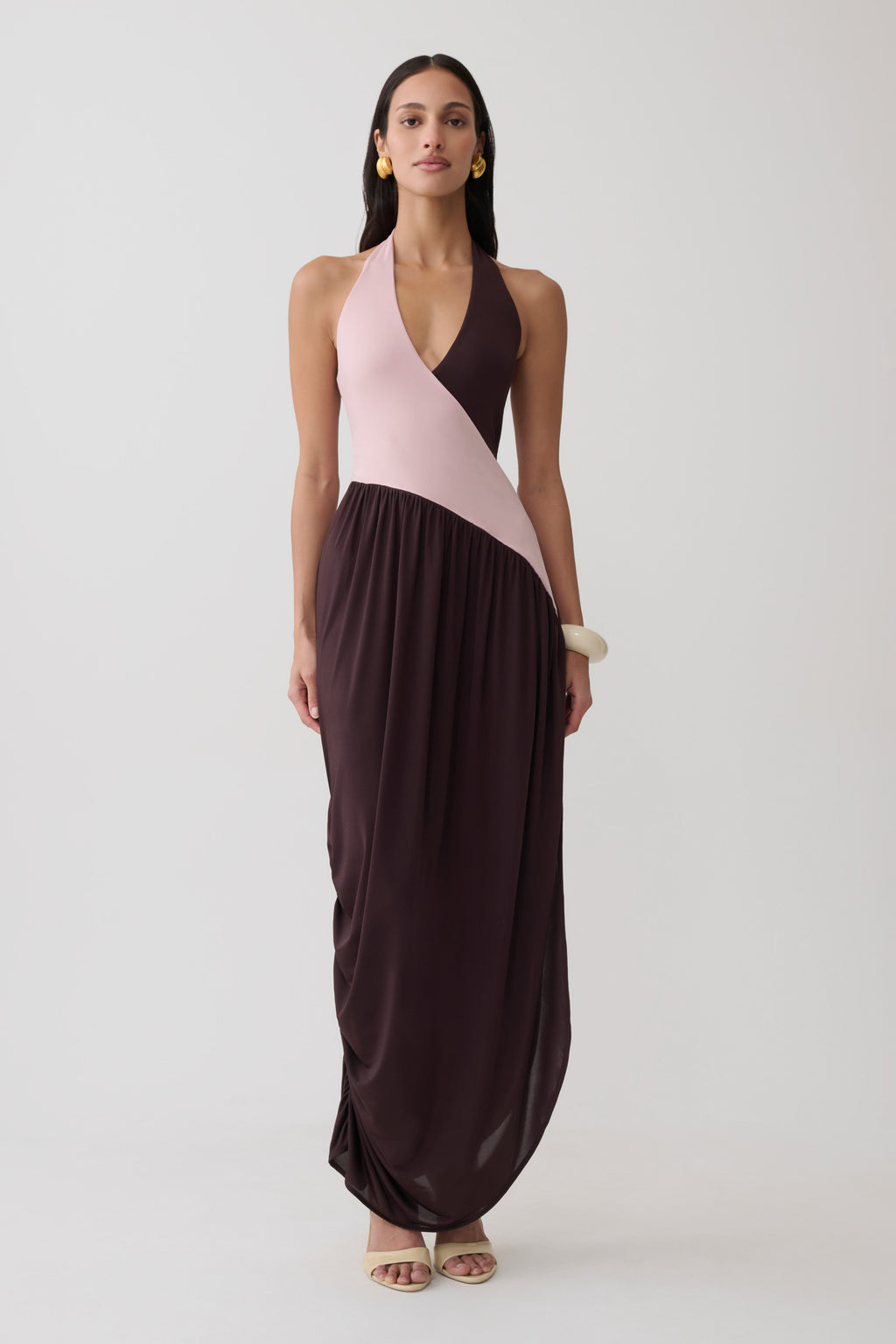 Nari Halter Gathered Maxi Dress - Muted Pink/Dark Chocolate