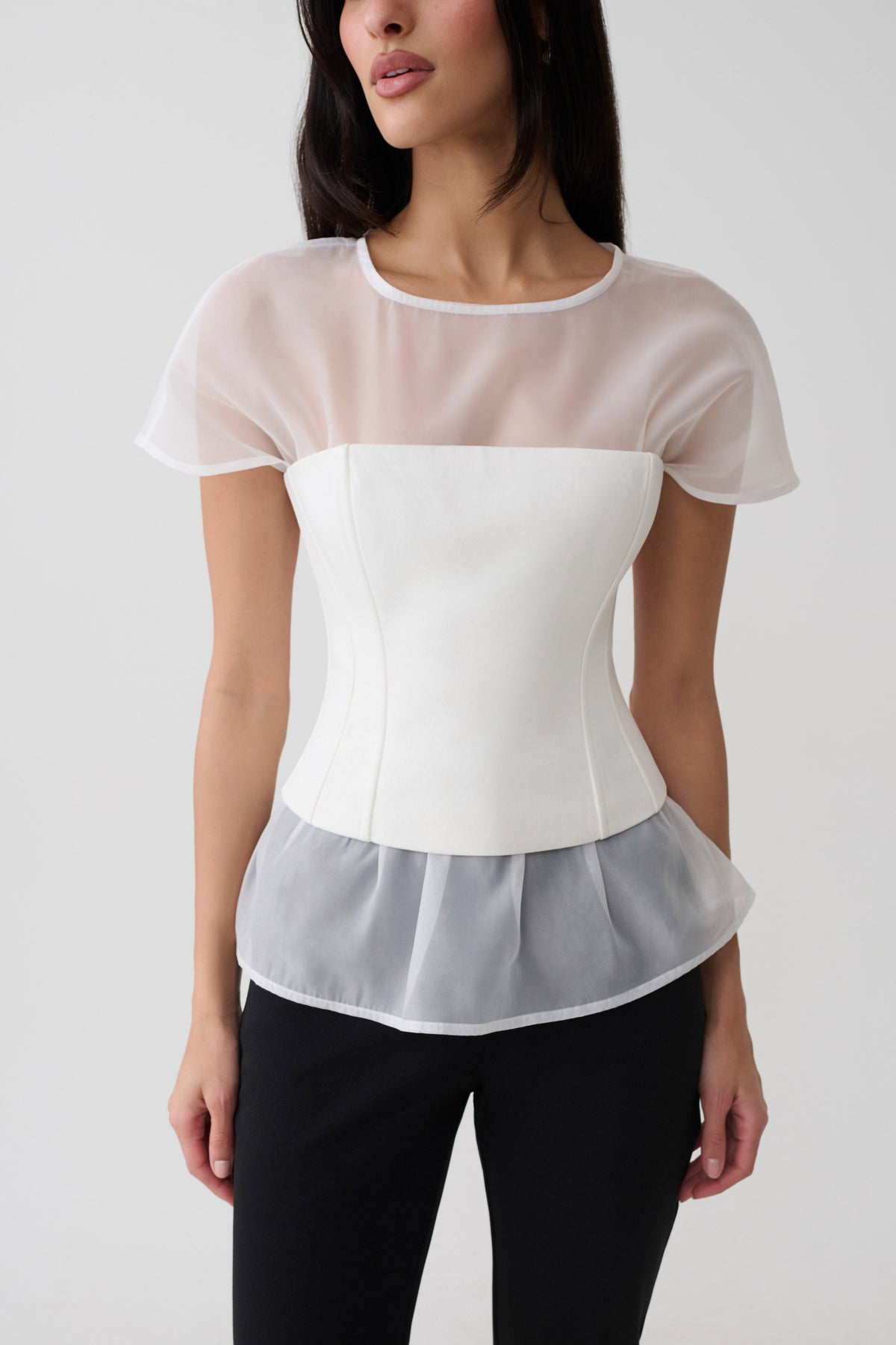Belle Corset Sheer Short Sleeve Top - Ivory