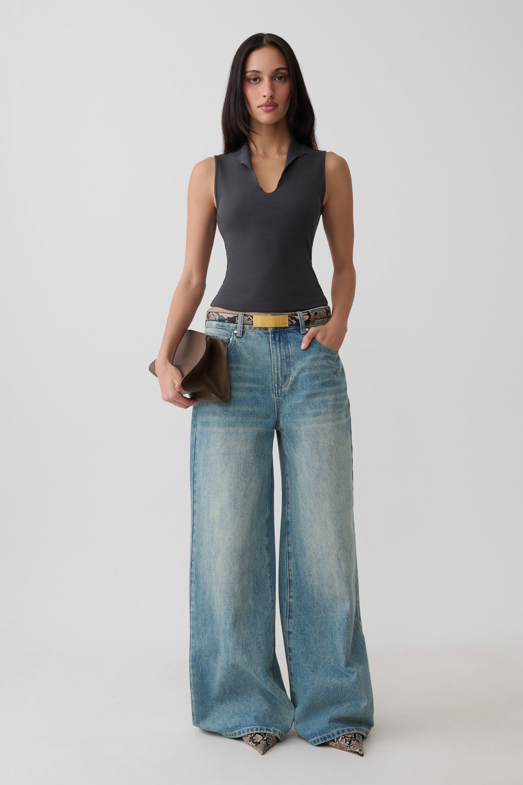 Myrtle Ribbed Sleeveless Lapel Top - Dark Charcoal