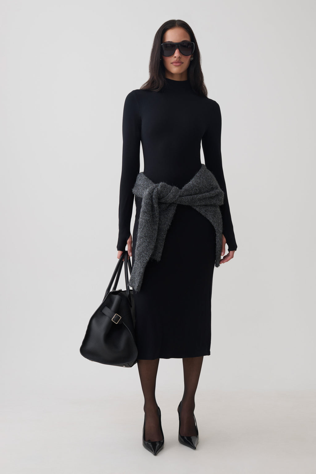 Noelle Longsleeve Roll Neck Midi Dress - Black