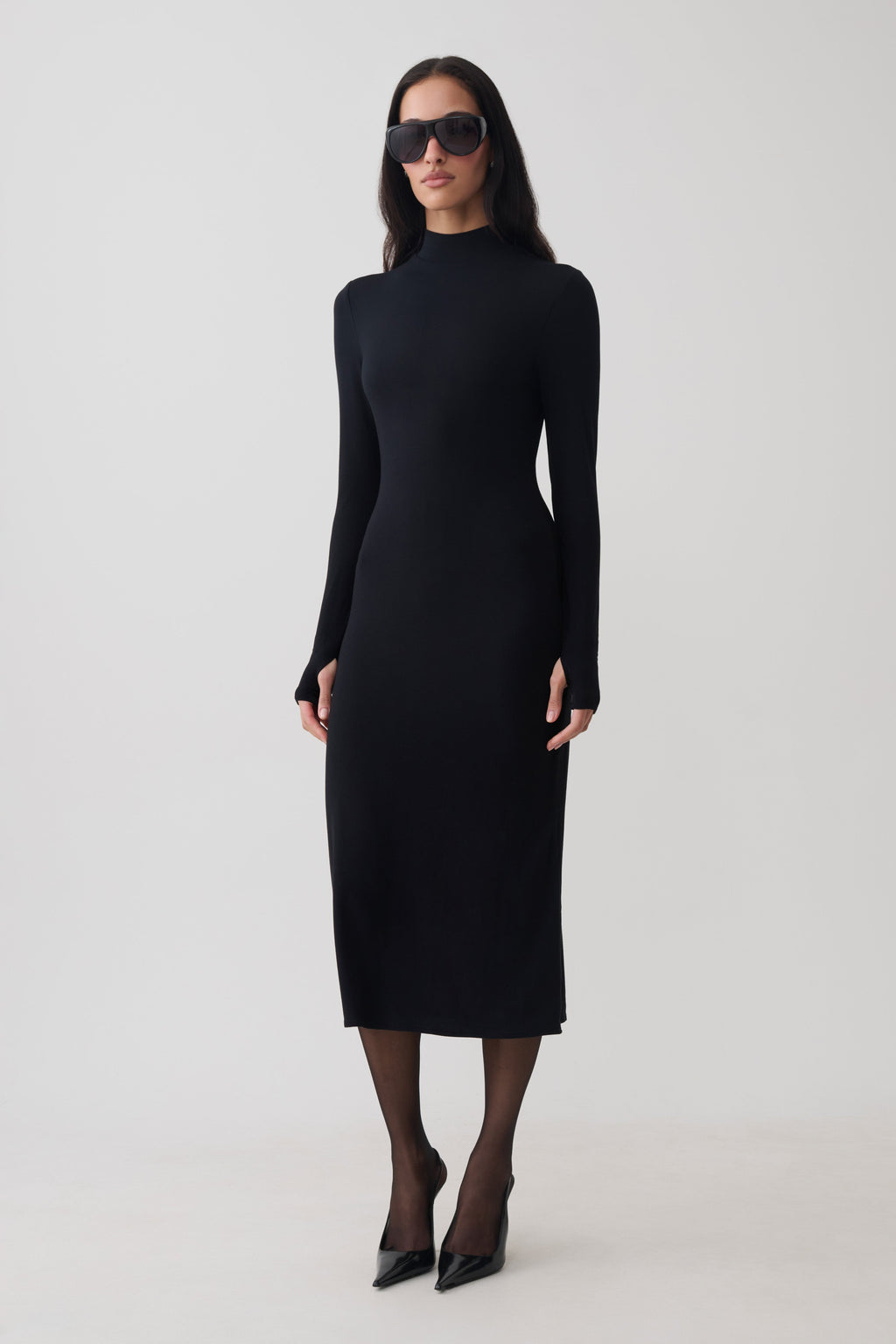 Noelle Longsleeve Roll Neck Midi Dress - Black