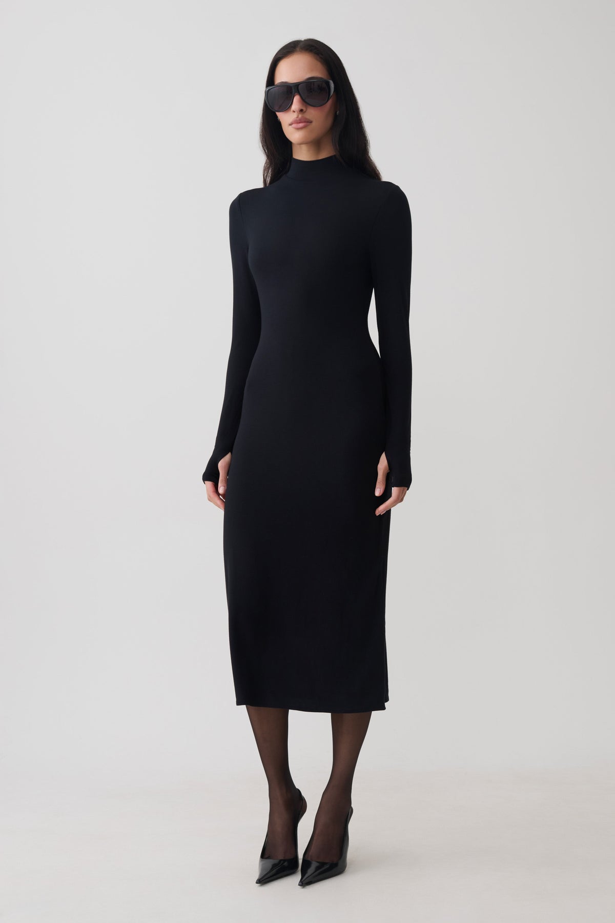 Noelle Longsleeve Roll Neck Midi Dress - Black