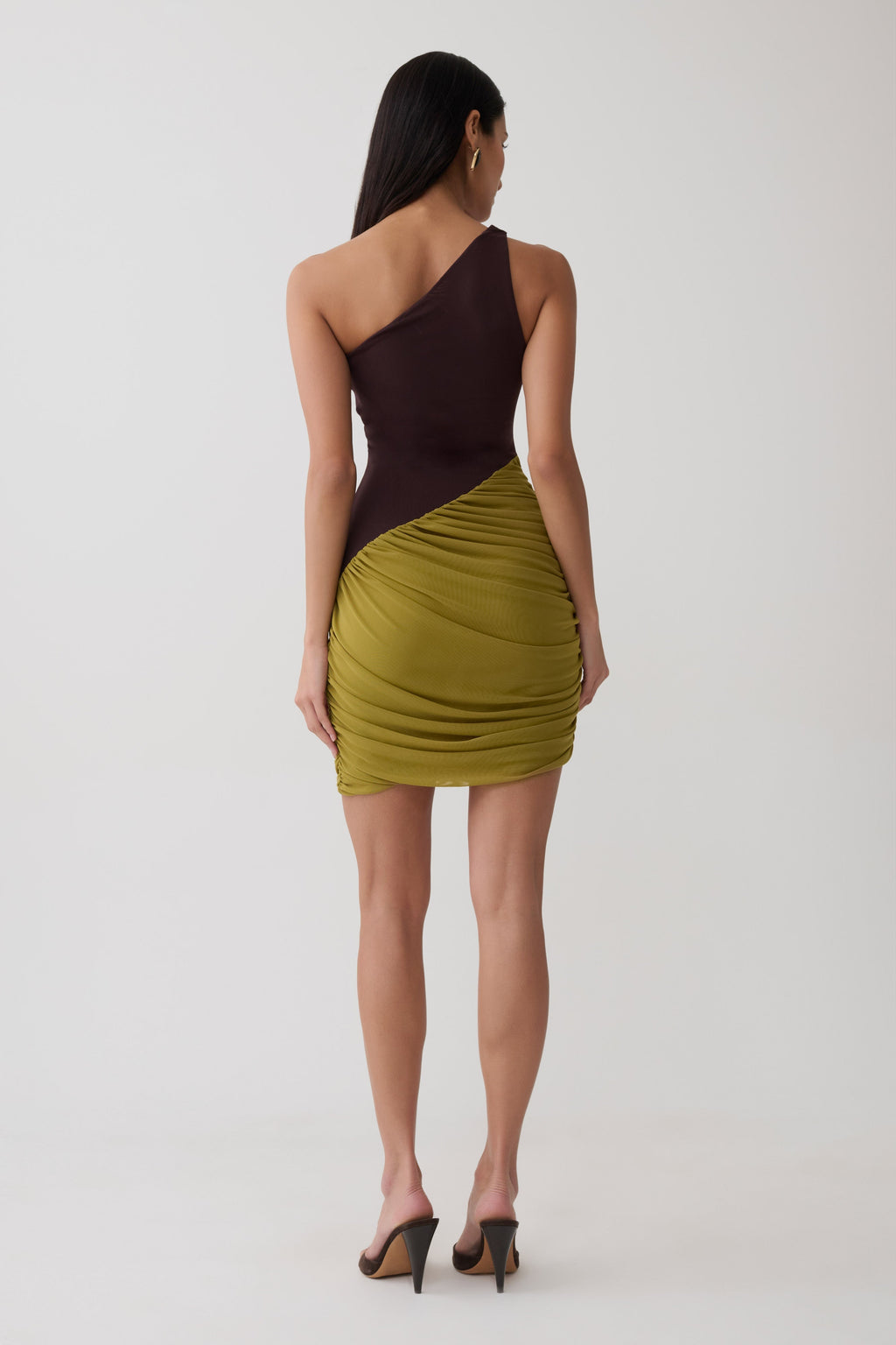 Halo Asymmetric Two Toned Mini Dress - Green/Chocolate