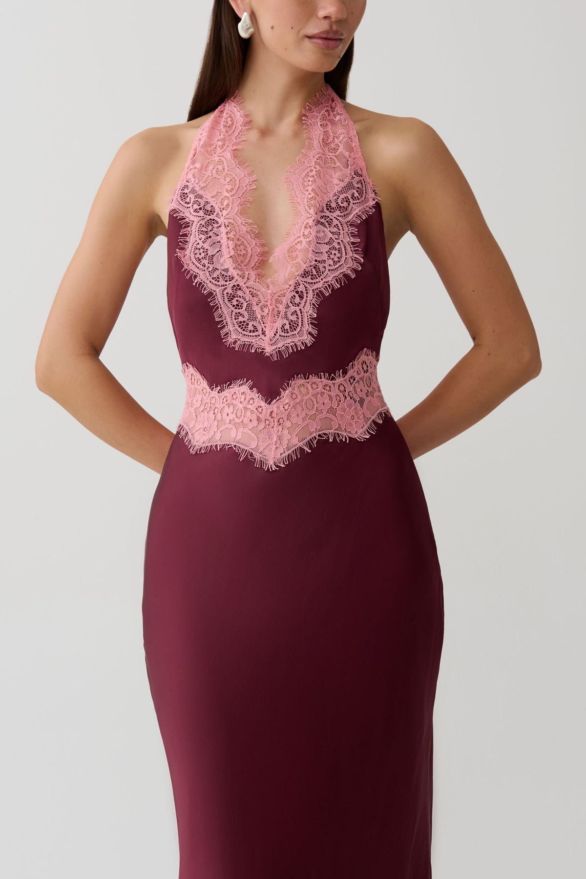 Louise Satin And Lace Maxi Dress - Burgundy