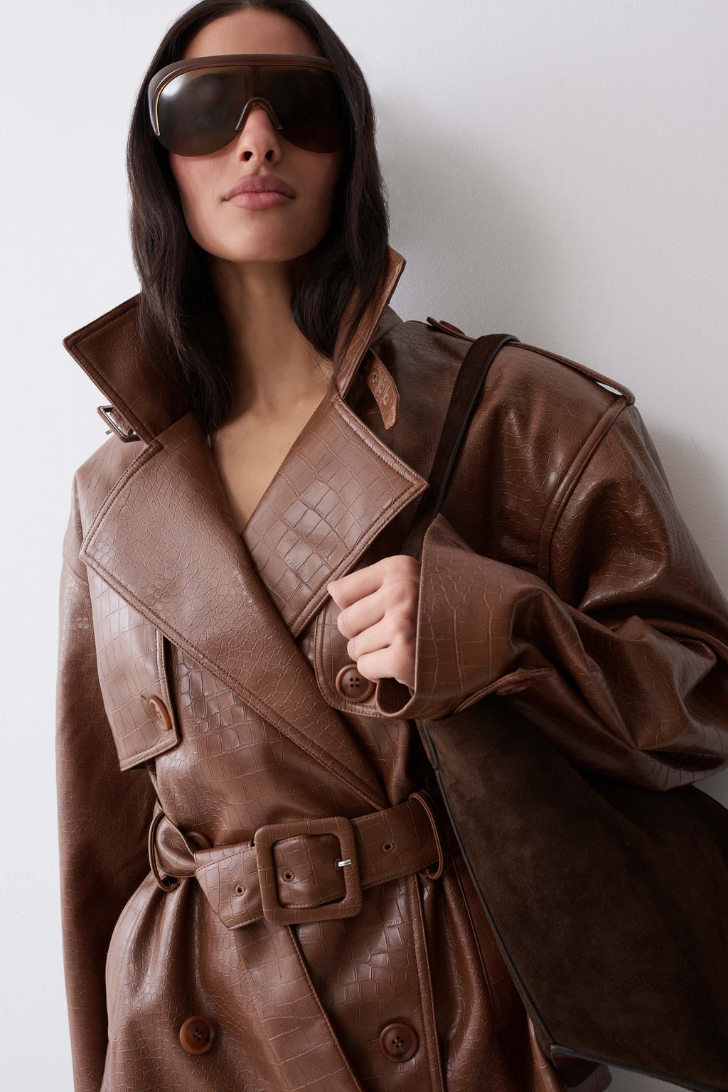 Jamie Funnel Neck Croc Faux Leather Trench - Cognac