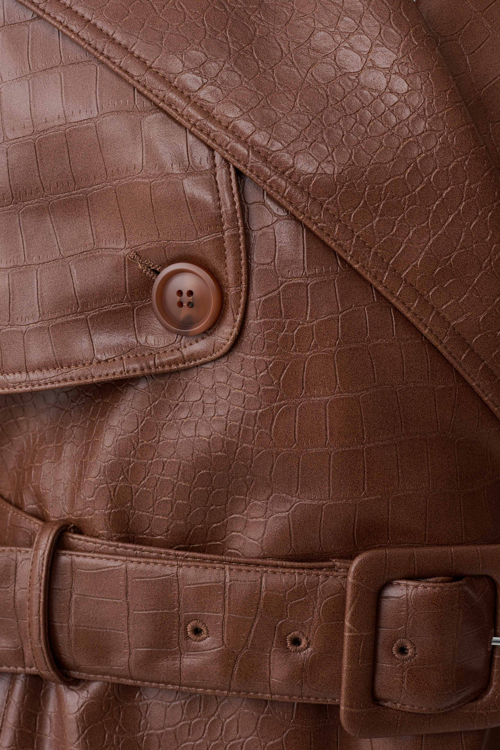 Jamie Funnel Neck Croc Faux Leather Trench - Cognac
