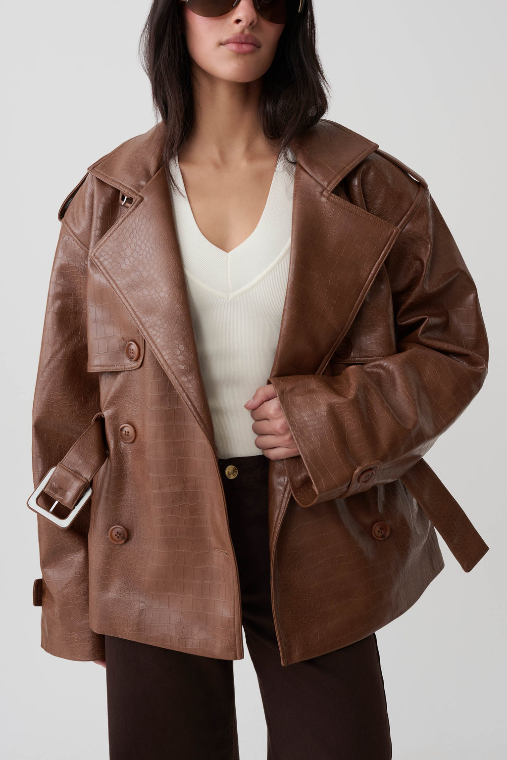 Jamie Funnel Neck Croc Faux Leather Trench - Cognac