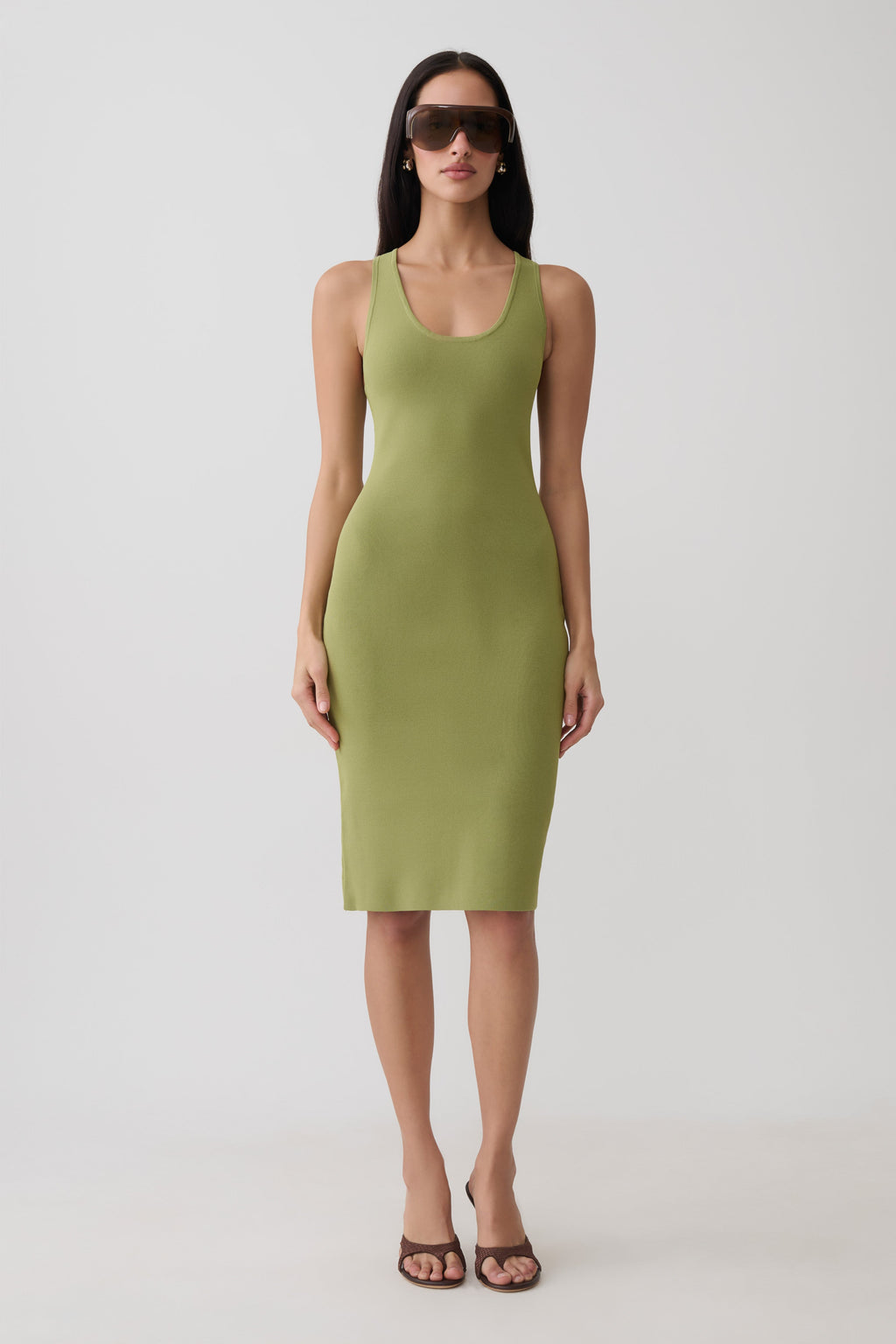 Leah Racer Back Knee Length Knit Dress - Olive