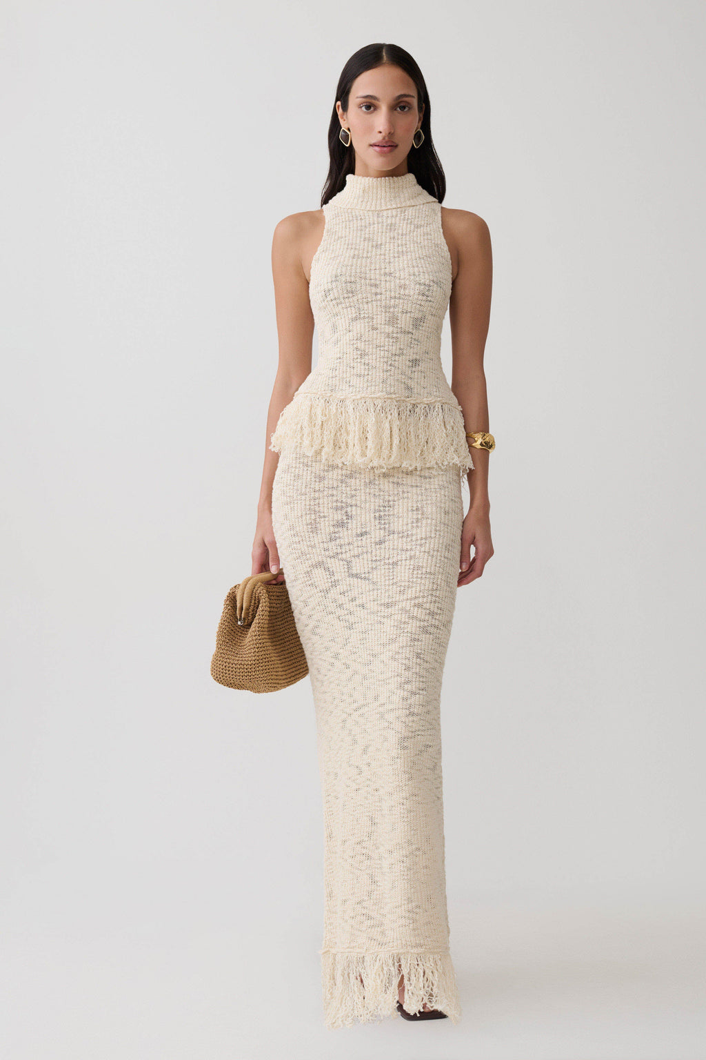 Giovanni Fringe Knit Maxi Skirt - Cream