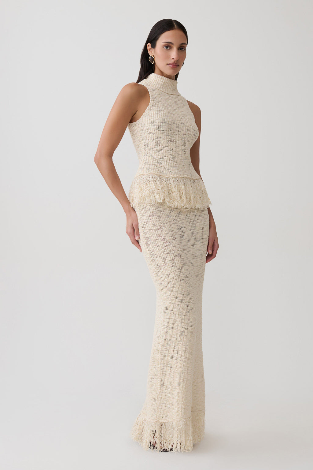 Giovanni Fringe Knit Maxi Skirt - Cream
