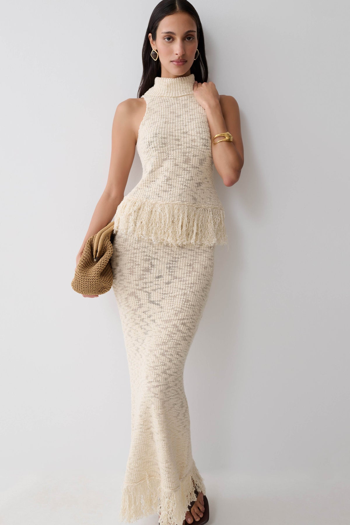 Giovanni Fringe Knit Maxi Skirt - Cream