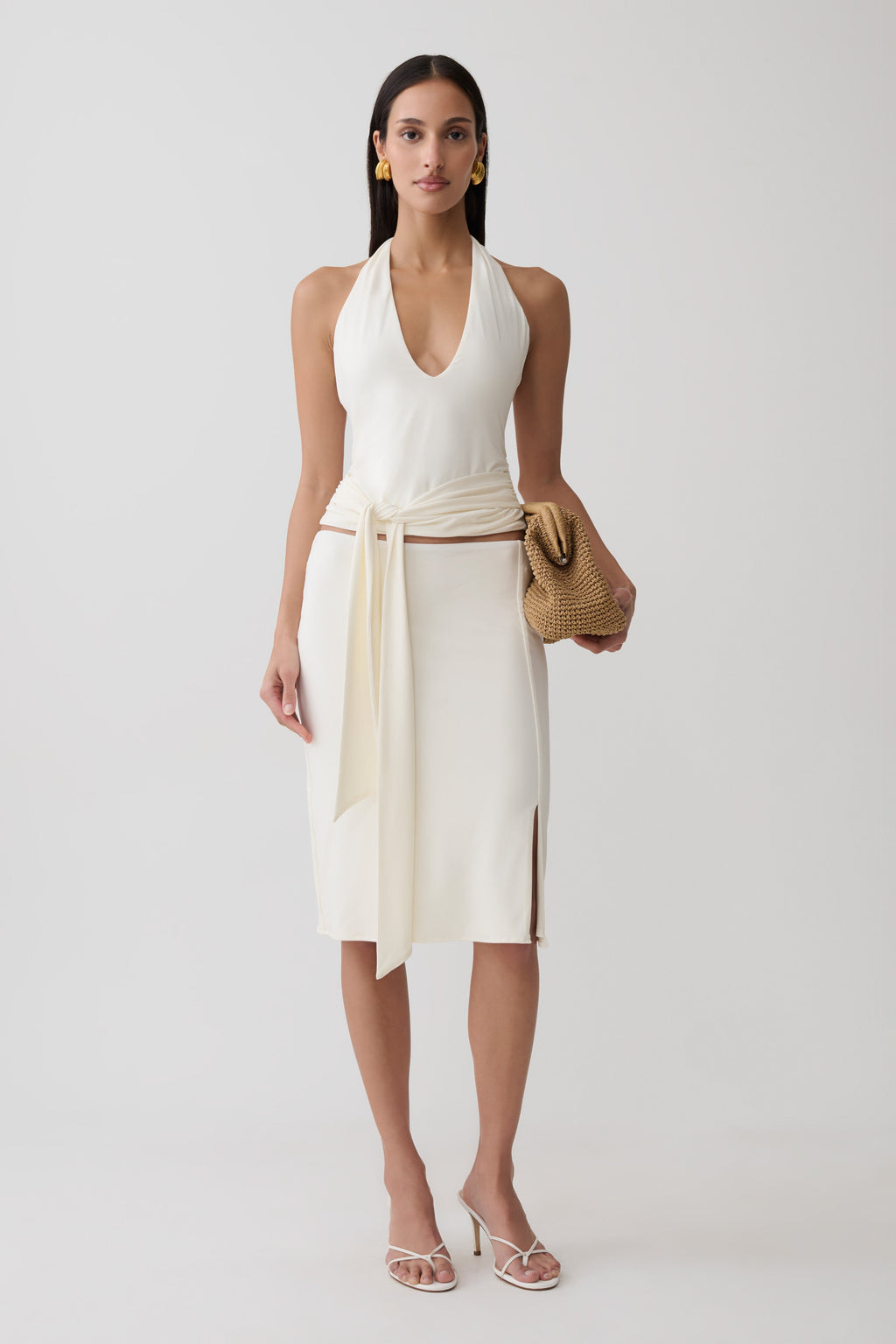 Elio Peached Jersey Midi Skirt - Ivory