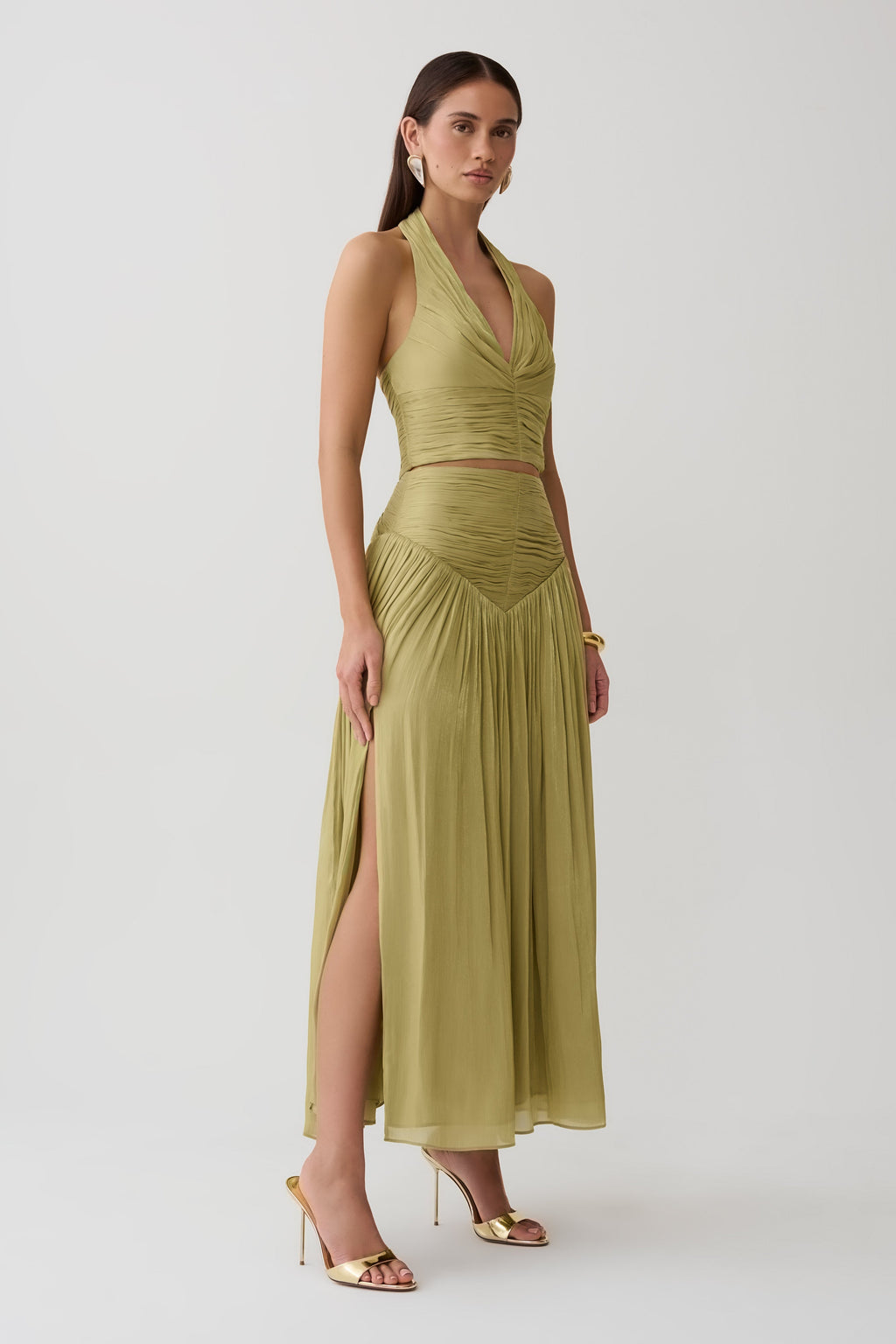 Makena Gathered V Neck Top - Green