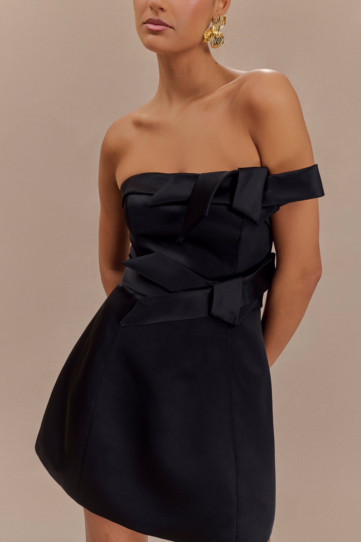 Tatiana Satin Strapless Bow Mini Dress - Black