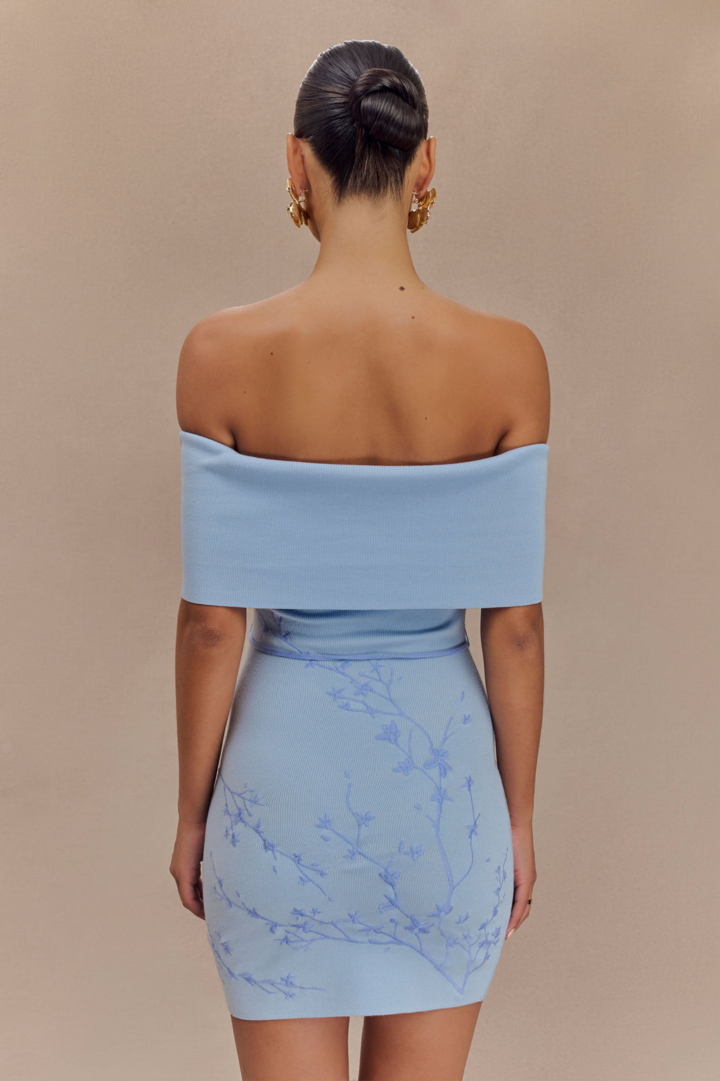Mallory Off Shoulder Embroidered Knit Mini Dress - Ice Blue