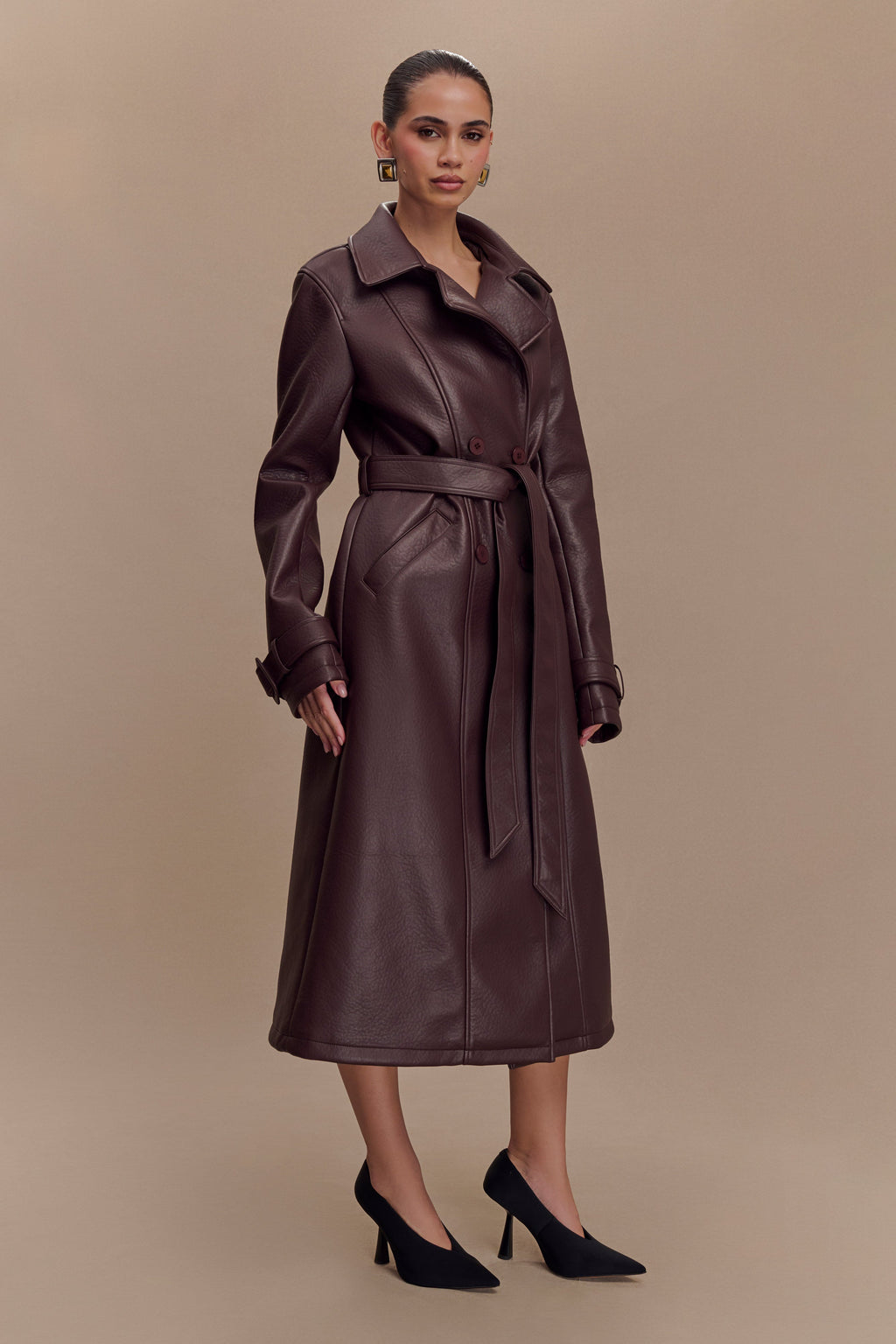Tarah Faux Leather Trench Coat - Cacao Brown