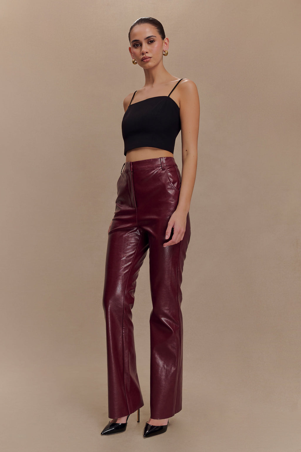 Tyra Straight Leg Faux Leather Pants - Cherry Red