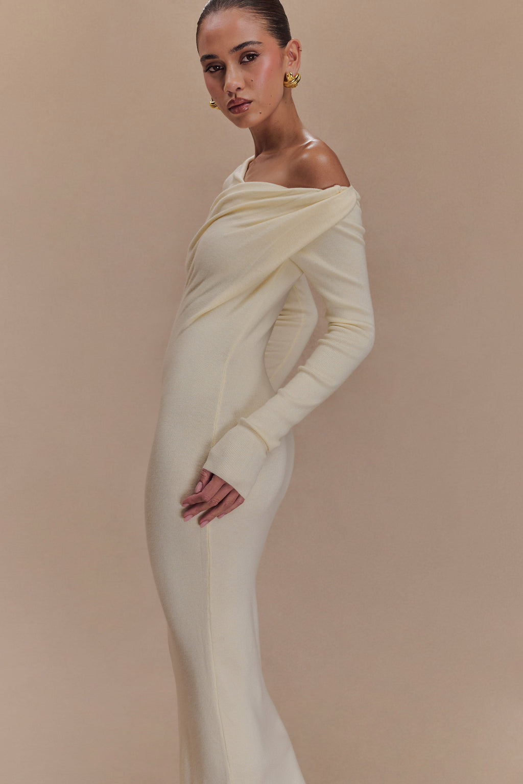 Culver Draped Twist Knit Midi Dress - Cream