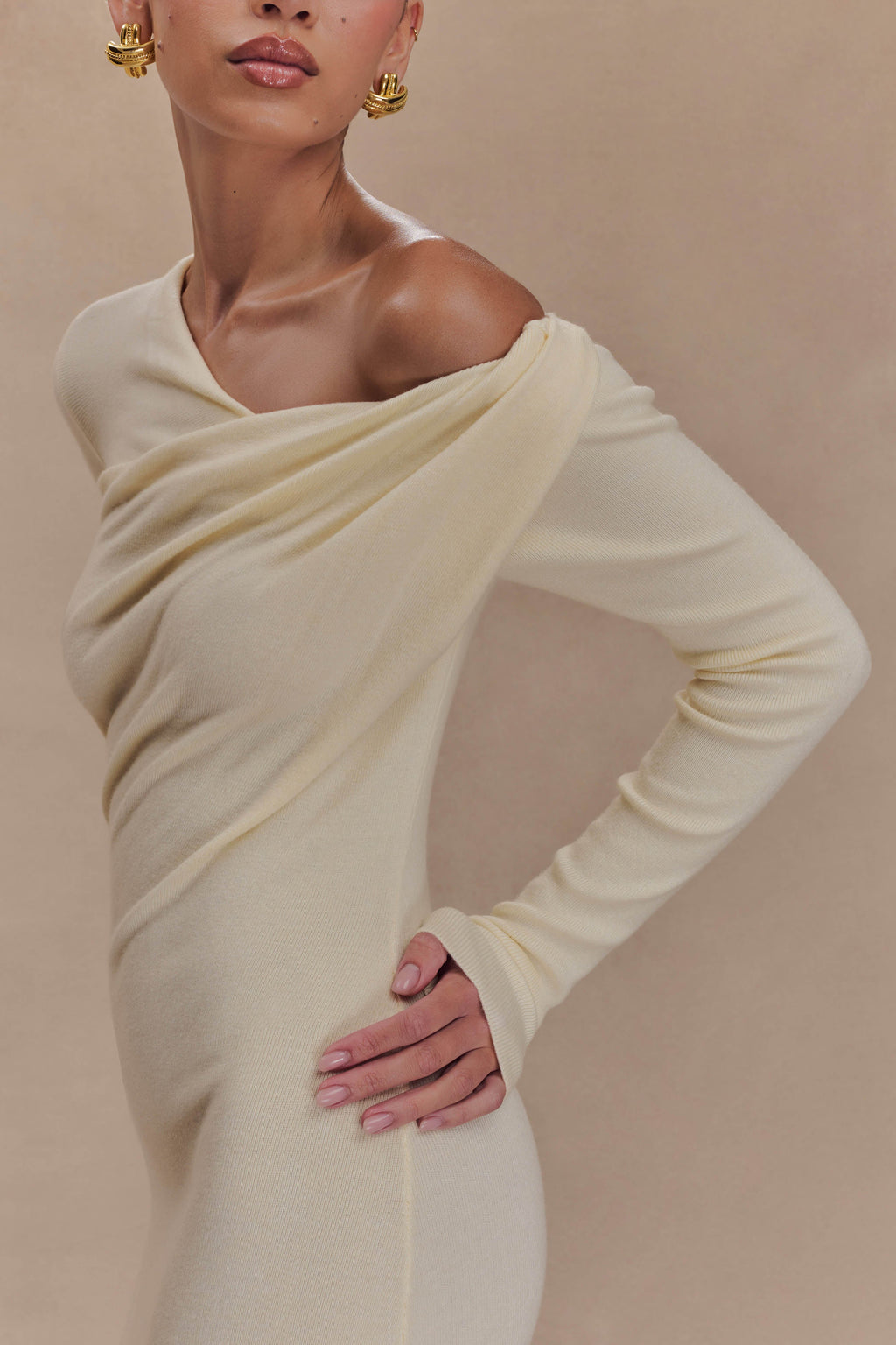 Culver Draped Twist Knit Midi Dress - Cream