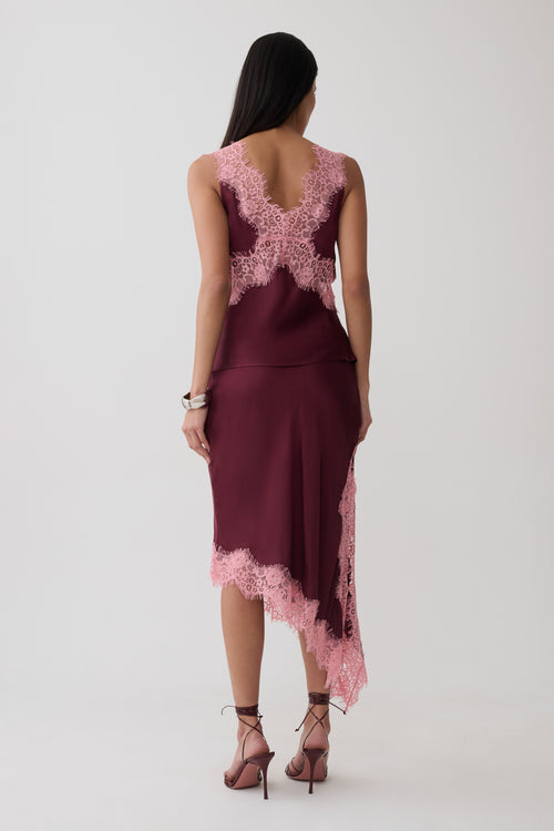 Amber Satin And Lace Midi Skirt - Burgundy