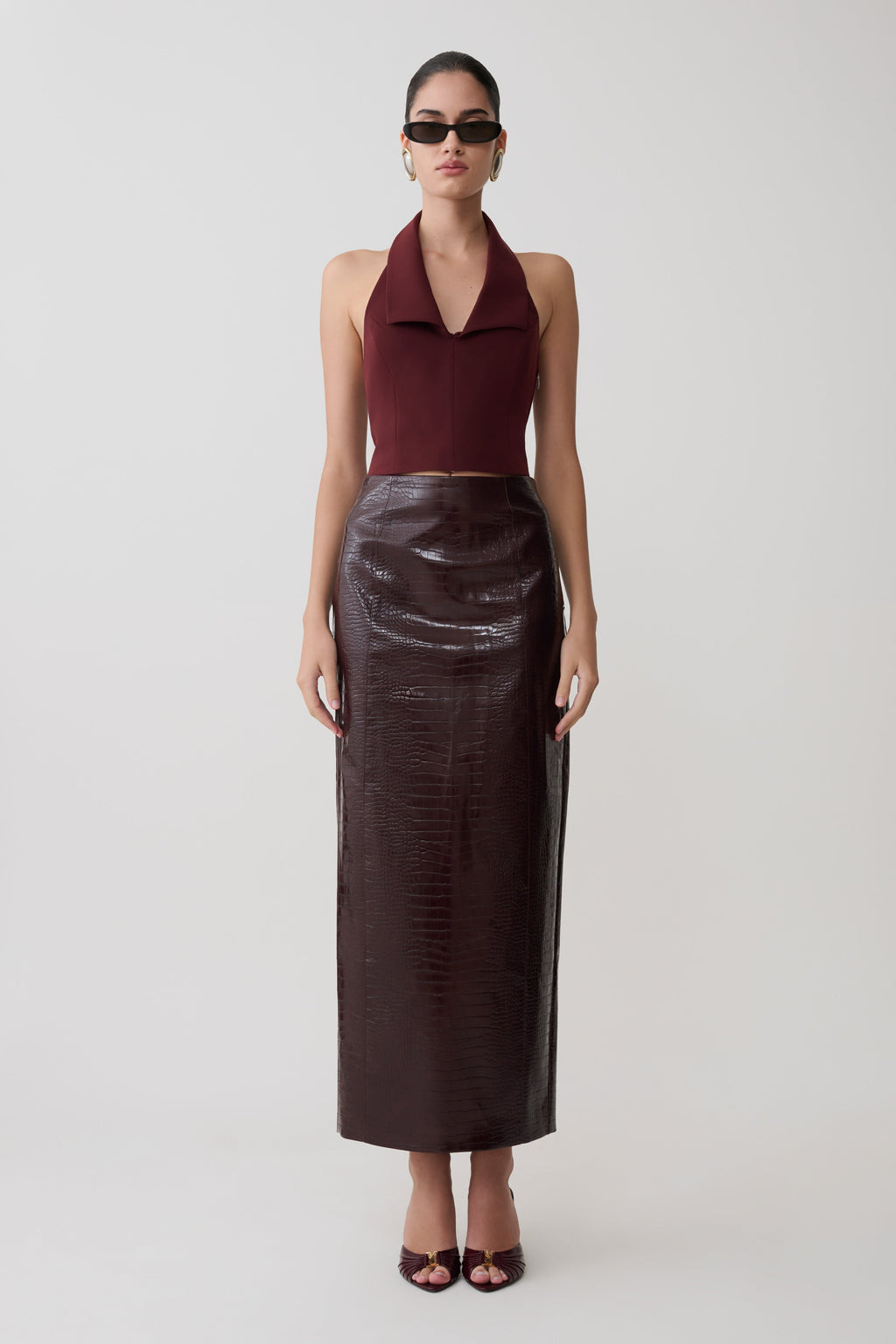 Thalia Croc Faux Leather Midi Skirt - Merlot