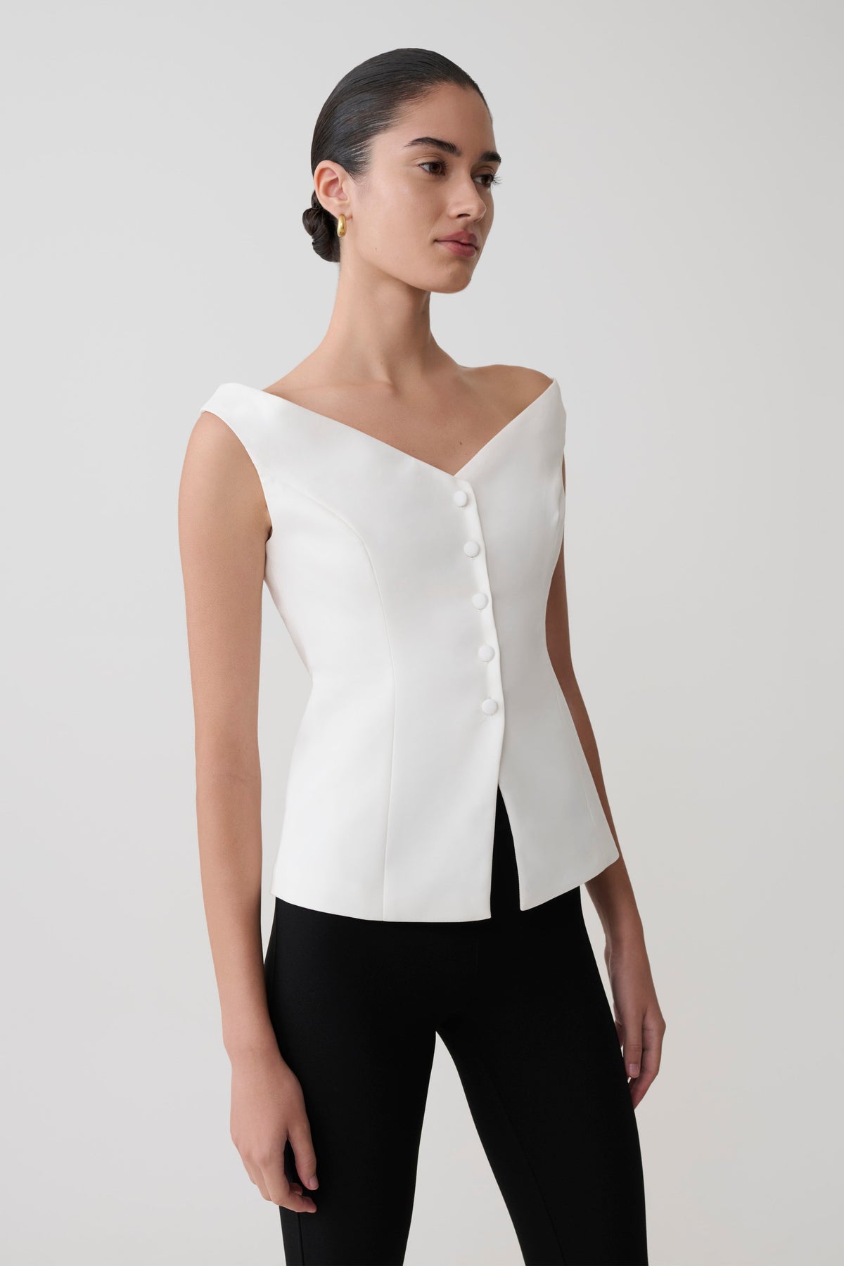 Billie Off Shoulder Sleeveless Button Top - White