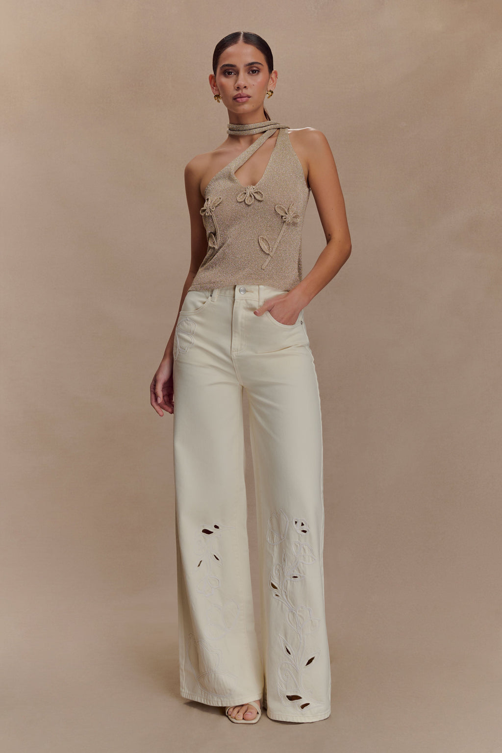 Leone One Shoulder Metallic Knit Top - Gold