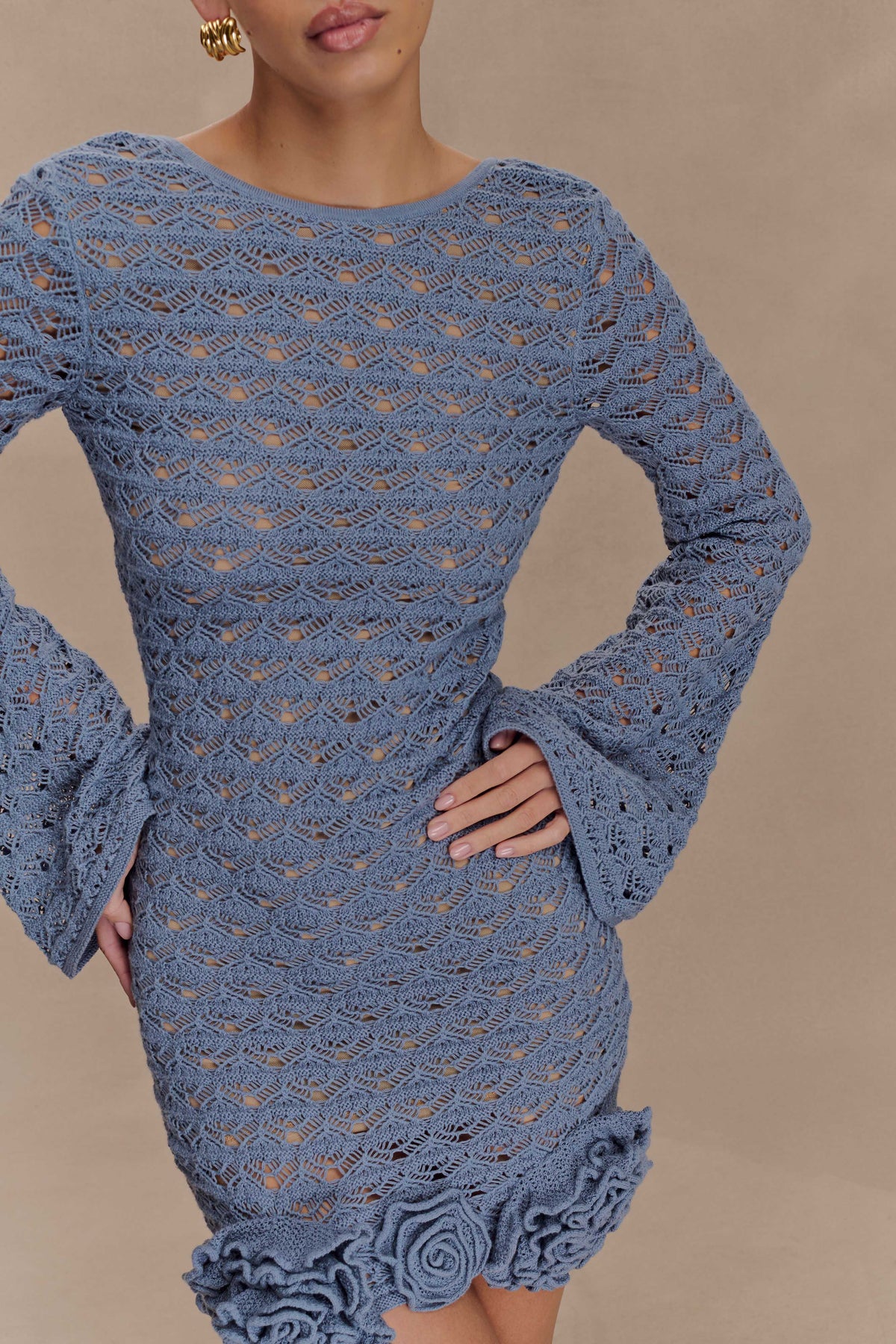 Aileen Ruffle Crochet Mini Dress - Steel Blue