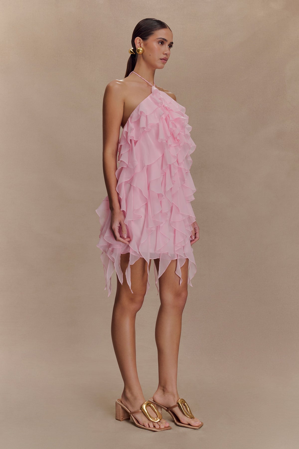 Marigold Ruffle Halter Mini Dress - Powder Pink