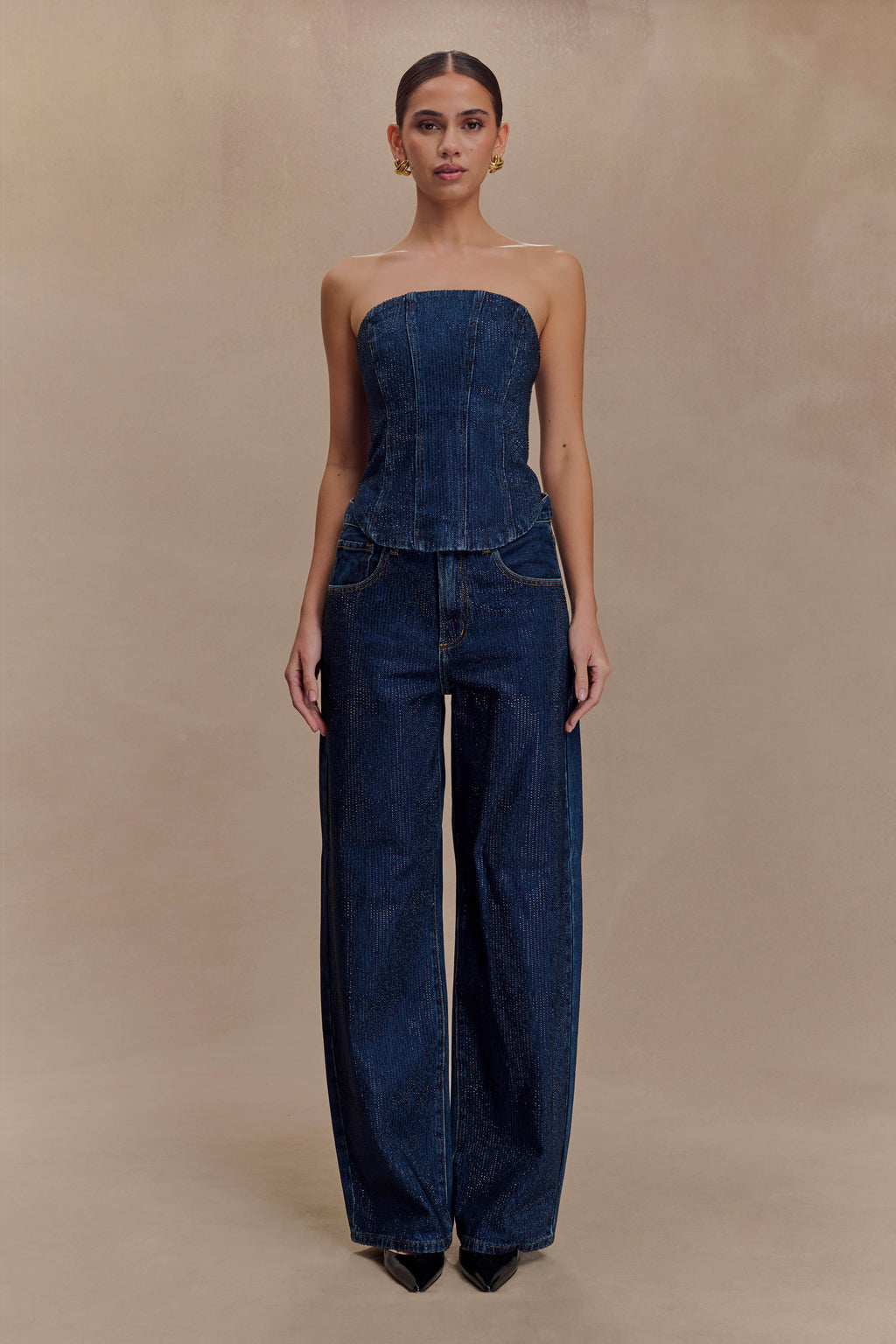 Laina Mid Rise Diamante Denim Jeans - Midnight Blue