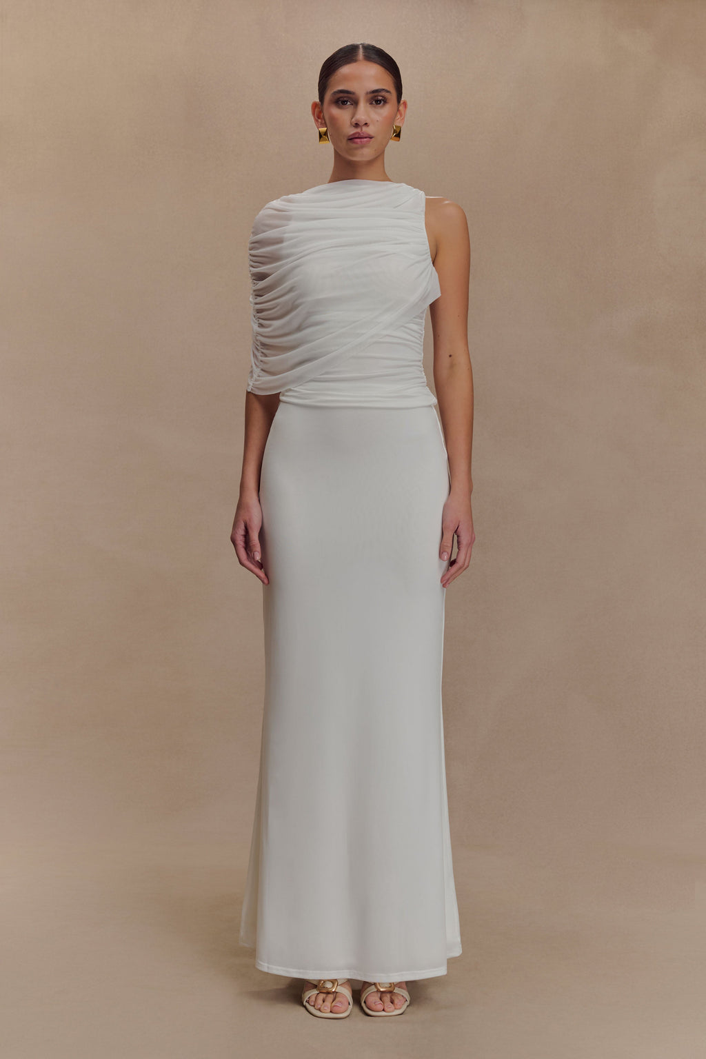 Pruedance Slinky Draped Top With Mesh Overlay - White