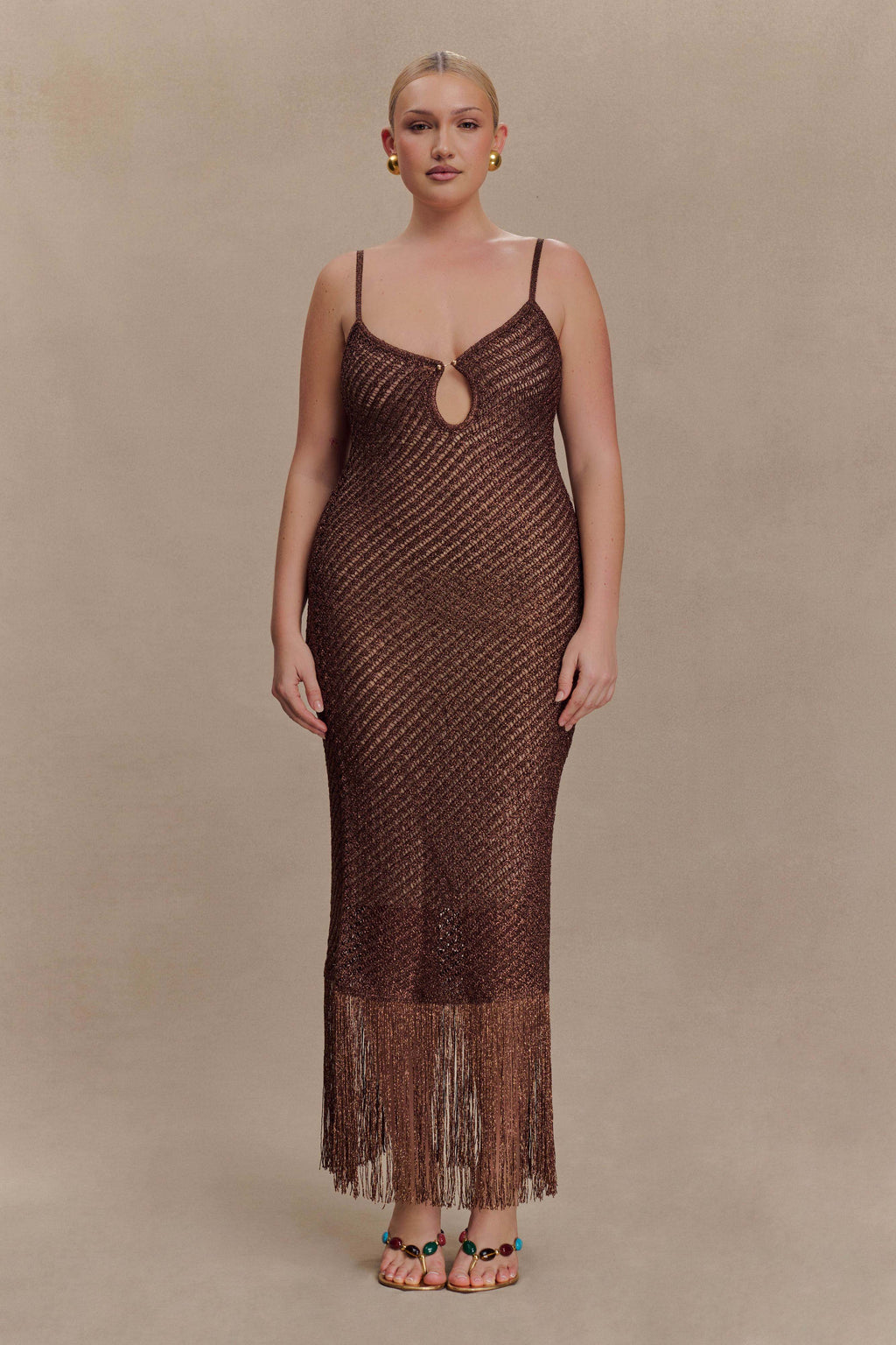 Raelynn Metallic Knit Fringe Midi Dress - Dark Chocolate