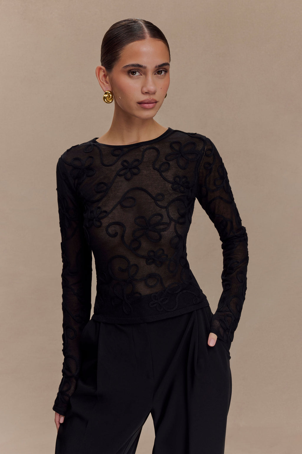 Omari Embroidery Long Sleeve Knit Top - Black