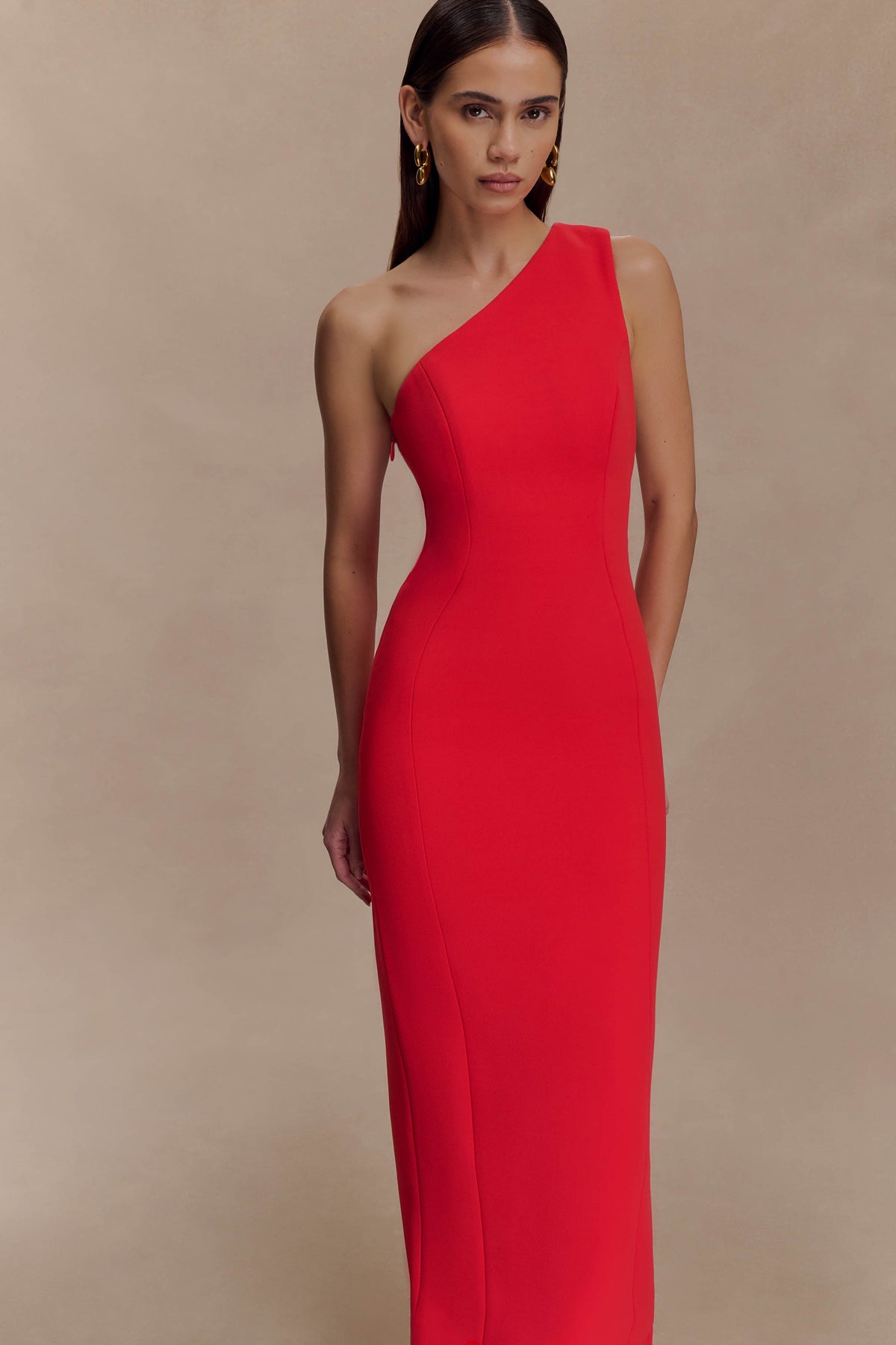 Milena One Shoulder Crepe Maxi Dress - Red