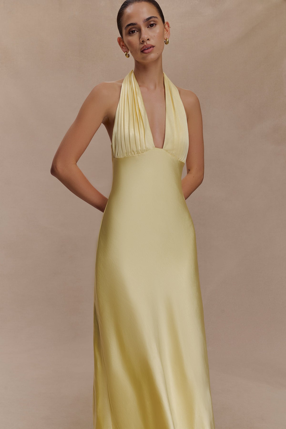 Alice Satin Halter Maxi Dress - Lemon