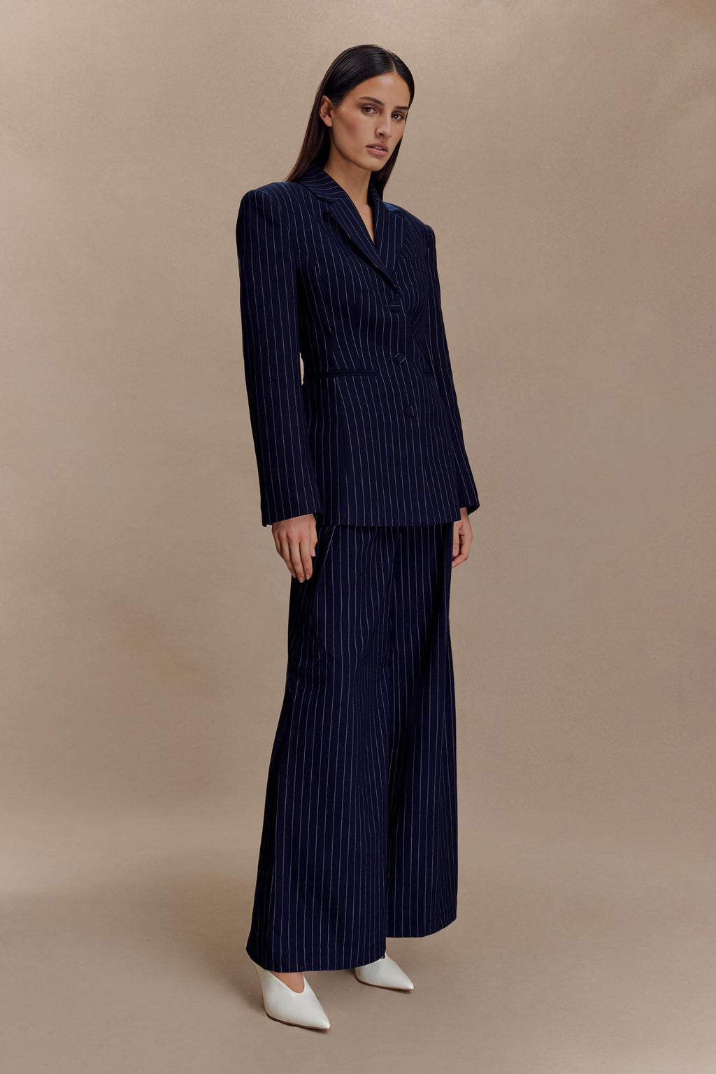 Jacqueline Pleated Wide Leg Pants - Navy Pinstripe