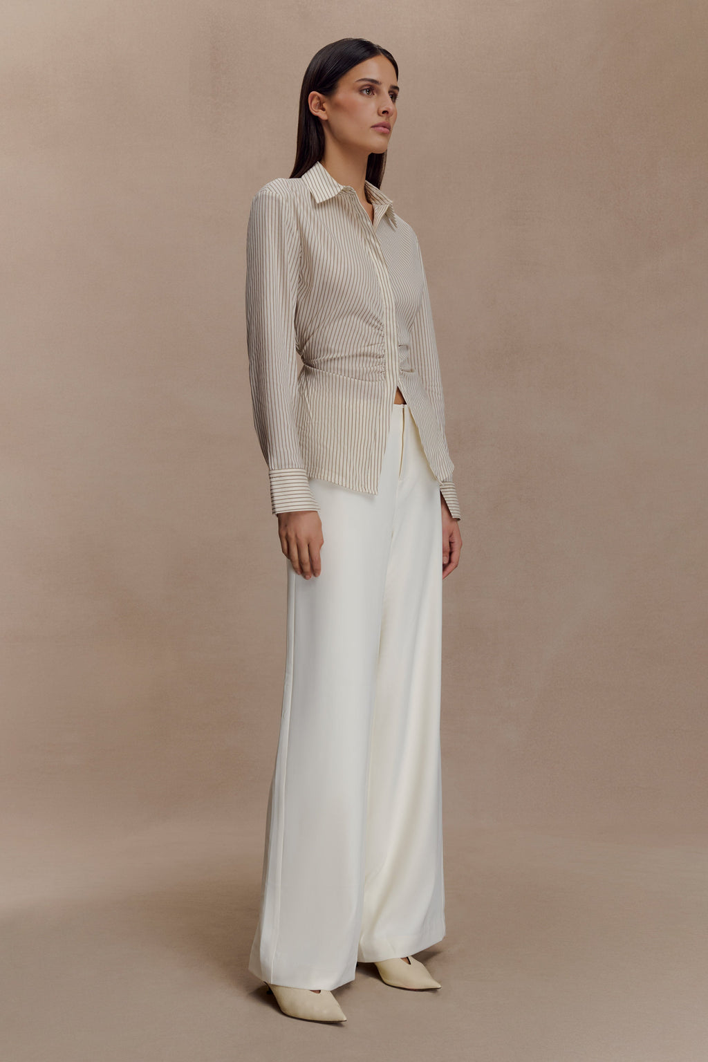 Millie Tie Back Cotton Shirt - Beige Pinstripe
