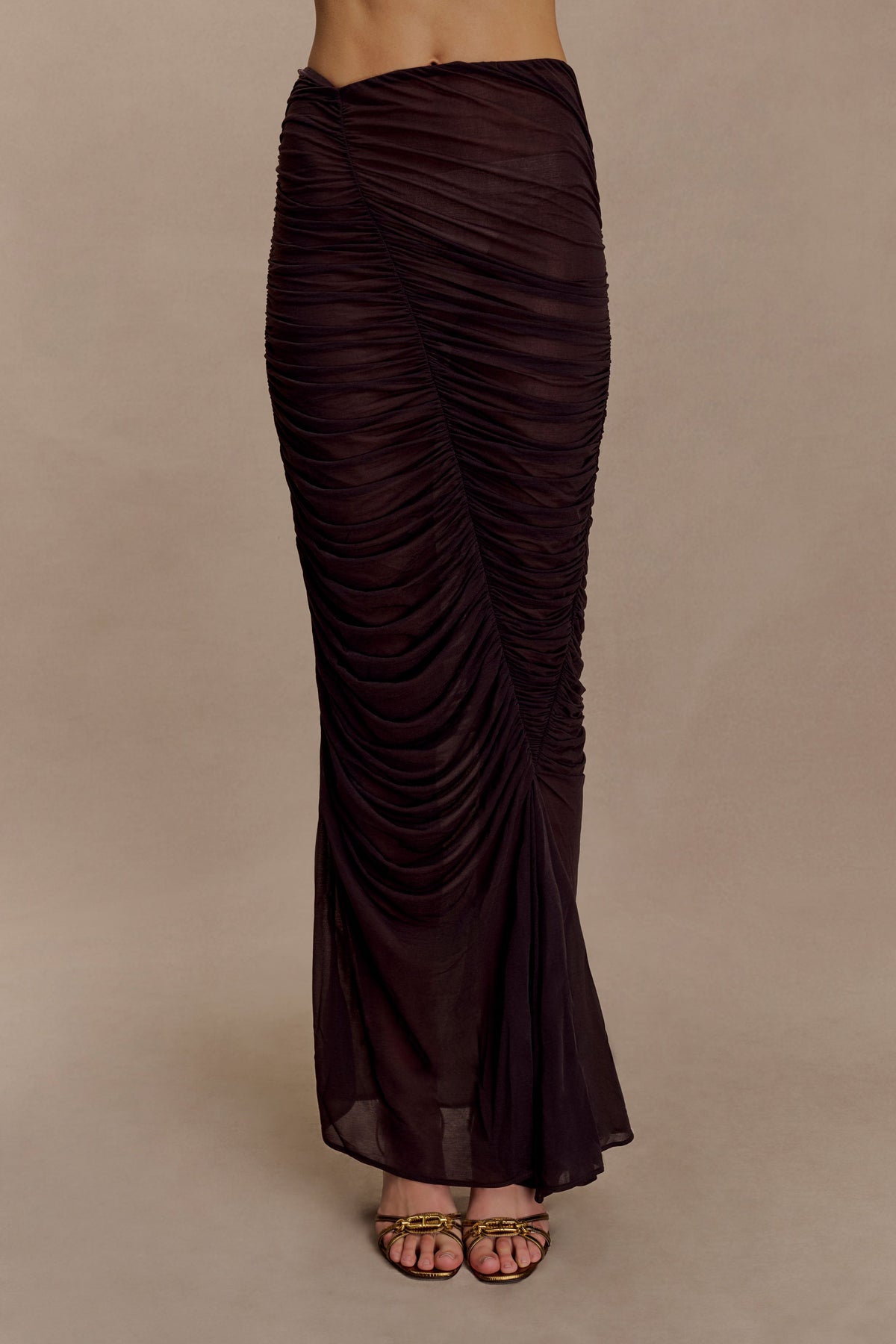 Matilda Ruched Mesh Maxi Skirt - Chocolate