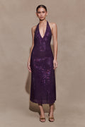 Genie Diamante Halter Midi Dress - Purple