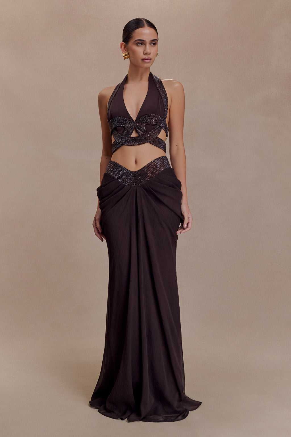 Siren Satin And Diamante Halter Top - Dark Chocolate