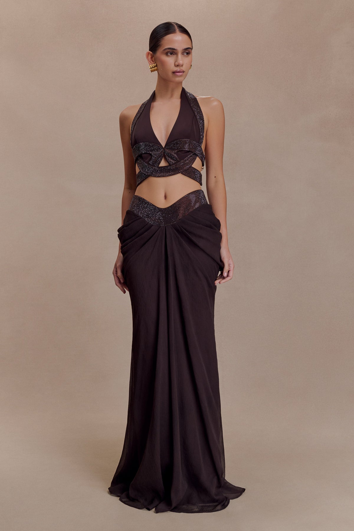 Siren Satin And Diamante Halter Top - Dark Chocolate