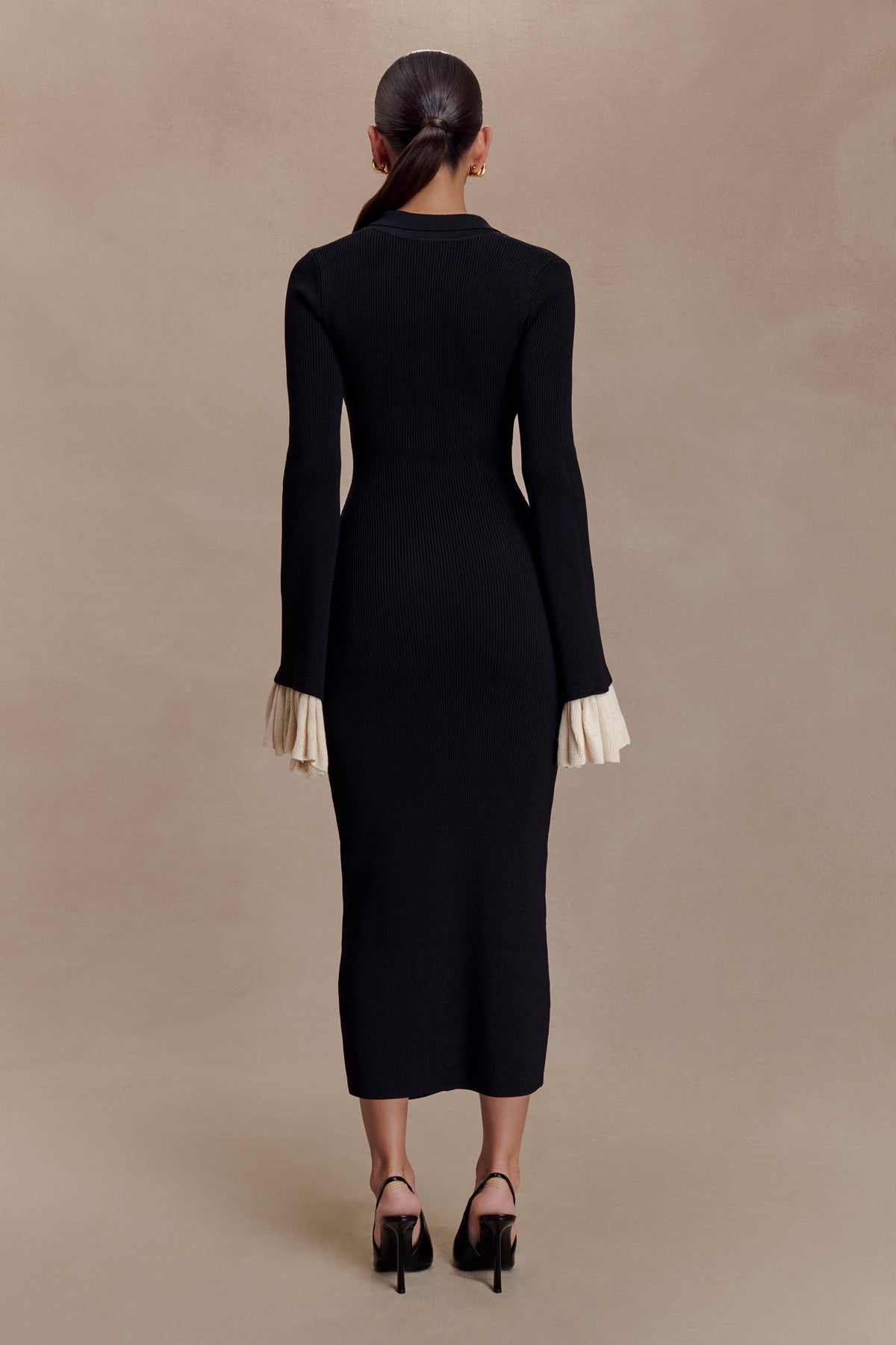 Amirose Ruffle Knit Midi Dress - Black