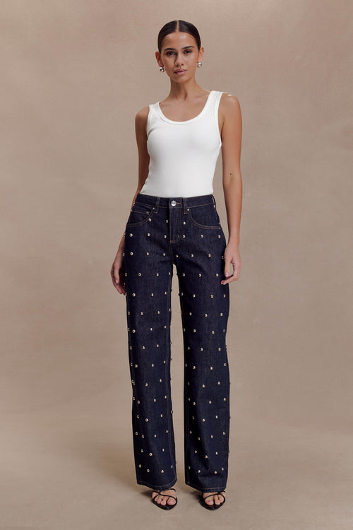 Alima Mid Rise Stud Denim Jeans - Washed Indigo Blue
